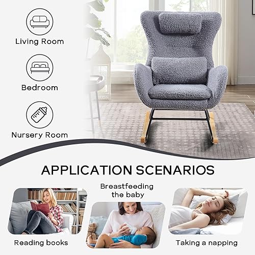 Miniatura 7 de NIOIIKIT Mecedora para guardería, mecedora tapizada de peluche con reposacabezas y almohada lumbar, respaldo alto con bolsillo lateral, cómodo