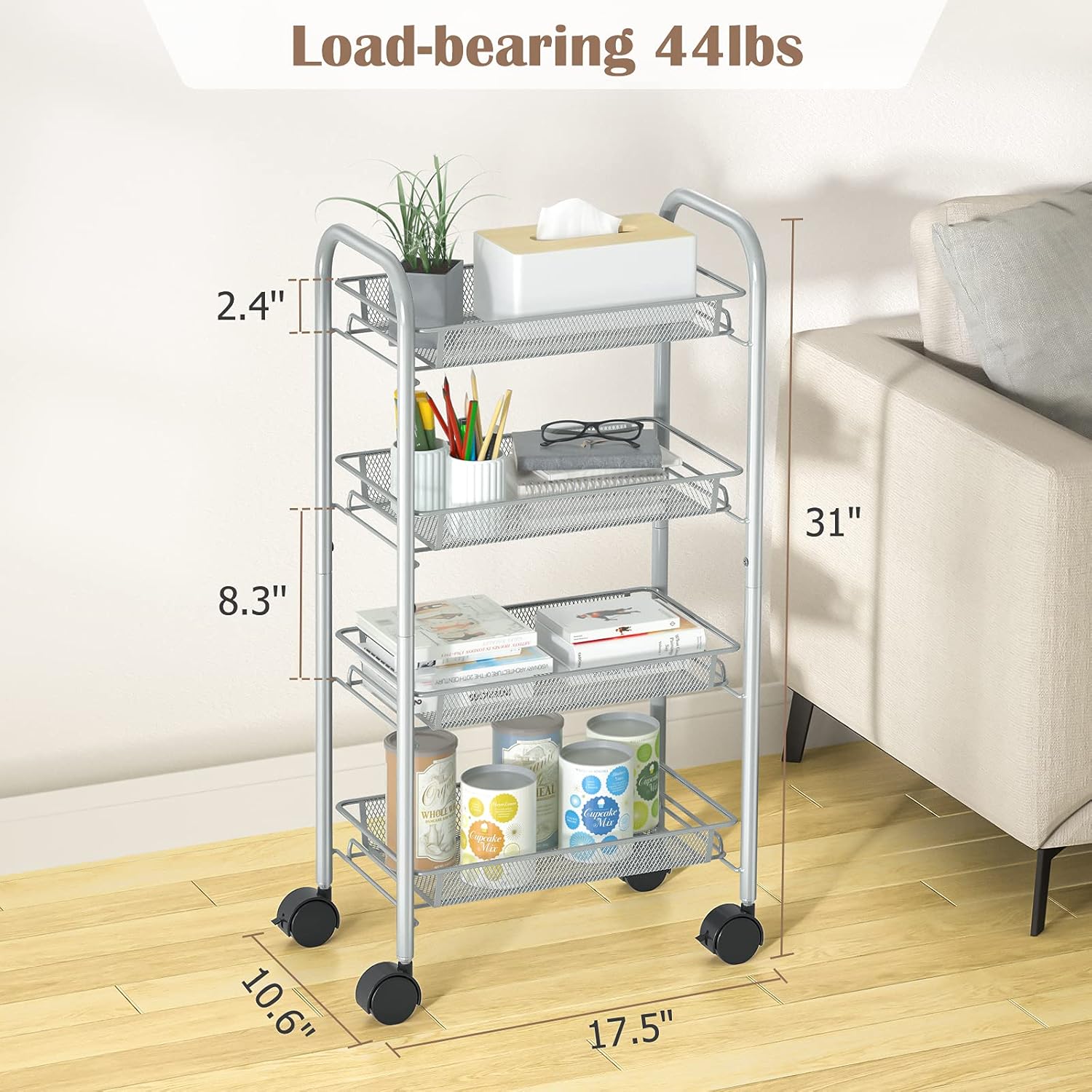 4-Tier Rolling Cart Metal Utility Cart Multifunction Storage Organizer with loackable Wheels for Home Office Bathroom Kitchen Garden Laundry Room Easy to Assemble by STOREMIC (Sliver) : Office Products