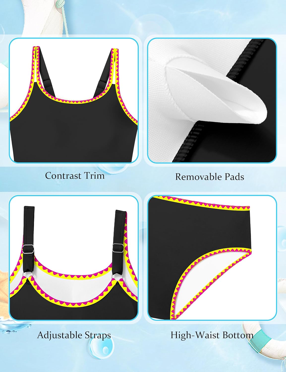 Girls Swimsuit Solid Color 2 Piece Girls Tankini Swimsuit Contrast Trim Teen Bathing Suit Padded Modest Swimwear 9-16y - Image 6