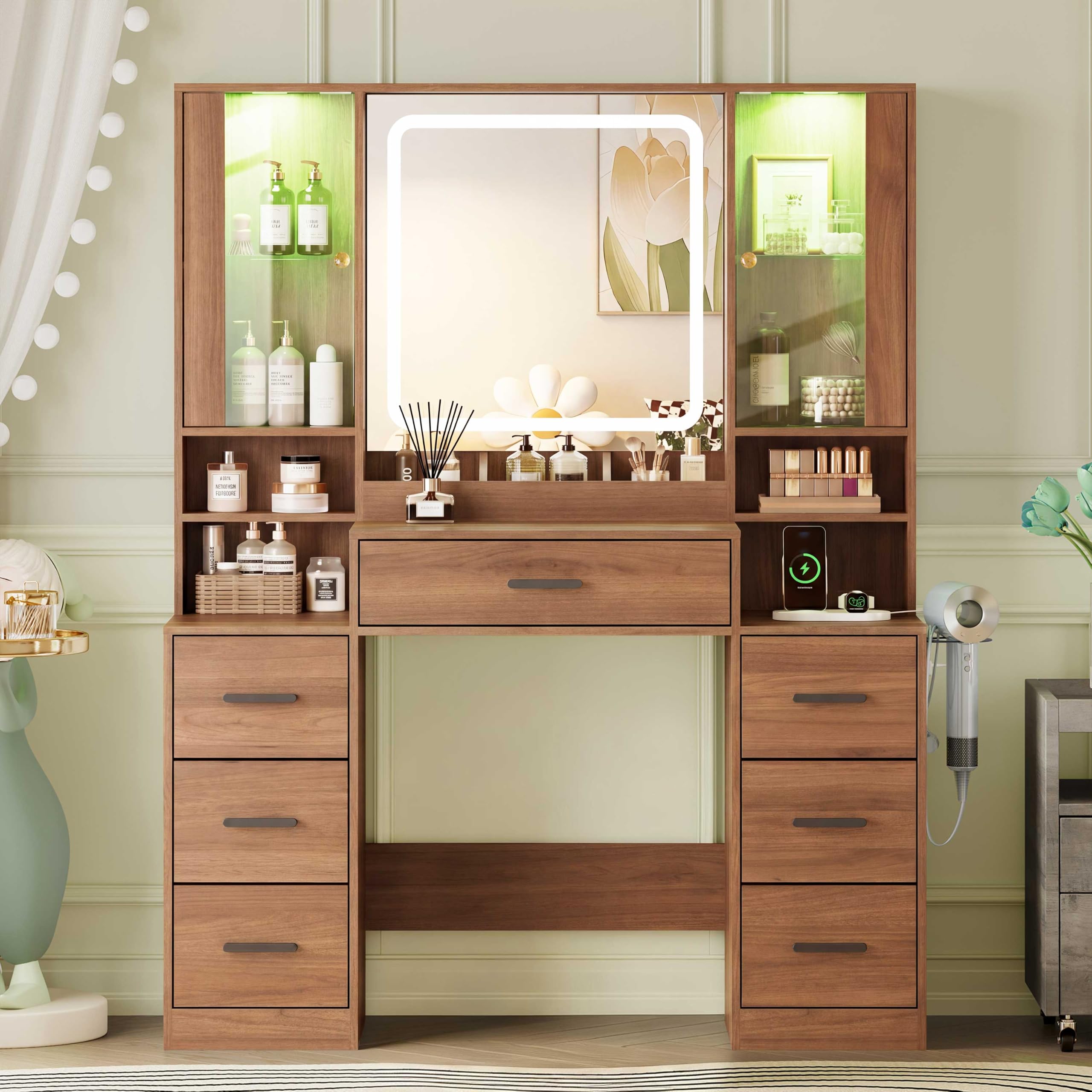 HUANLEGO Makeup Vanity Desk with Mirror and LED Lights for Girls, Walnut