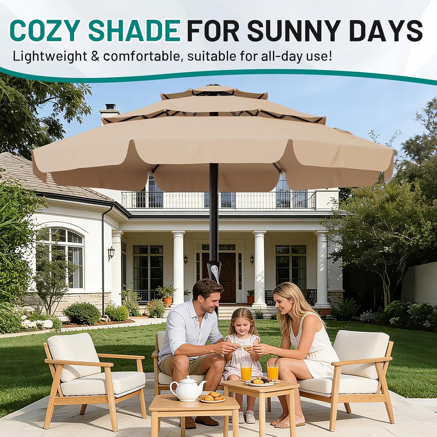 AreShark 11FT 3-Tiers Patio Umbrella with Valance, Outdoor with Crank, Large Outdoor Market Umbrellas Vented with 8 Sturdy Ribs, Patio Table Umbrellas for Garden, Deck, Backyard, Pool, Beige