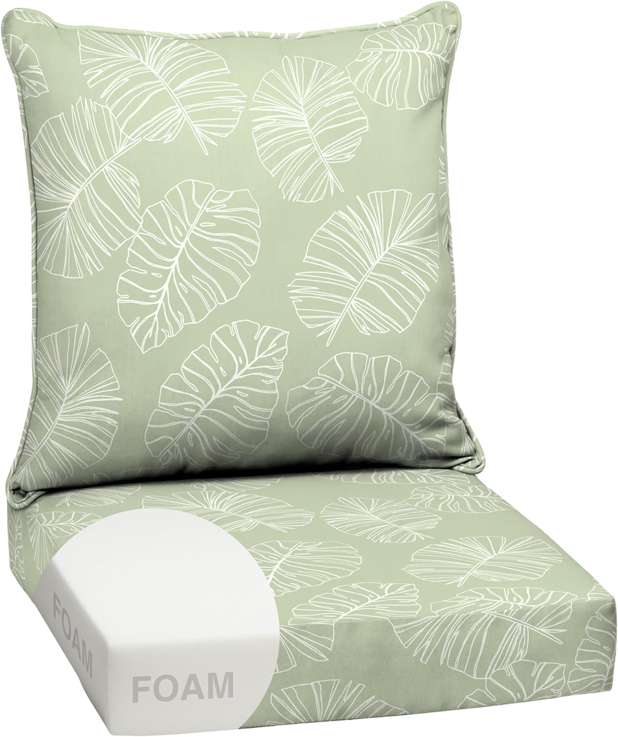 Arden Outdoor Foam Deep Seat Cushion Set, 24 in x 24 in, Weather-Proof, Rain-Proof, Fade Resistant Patio Cushion, Bottom and Back Cushion for Chair, Sofa, and Couch Coastal Green Leaf