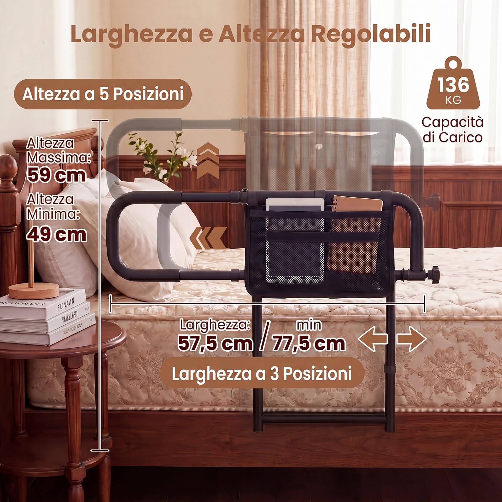 RELAX4LIFE Sponda Letto Anziani, Altezza e Larghezza Regolabili (Nero) | Sbarra Letto Pieghevole con Maniglia Imbottita e Tasca Portaoggetti Rimovibile, Ausili per Alzarsi per Anziani e Pazienti