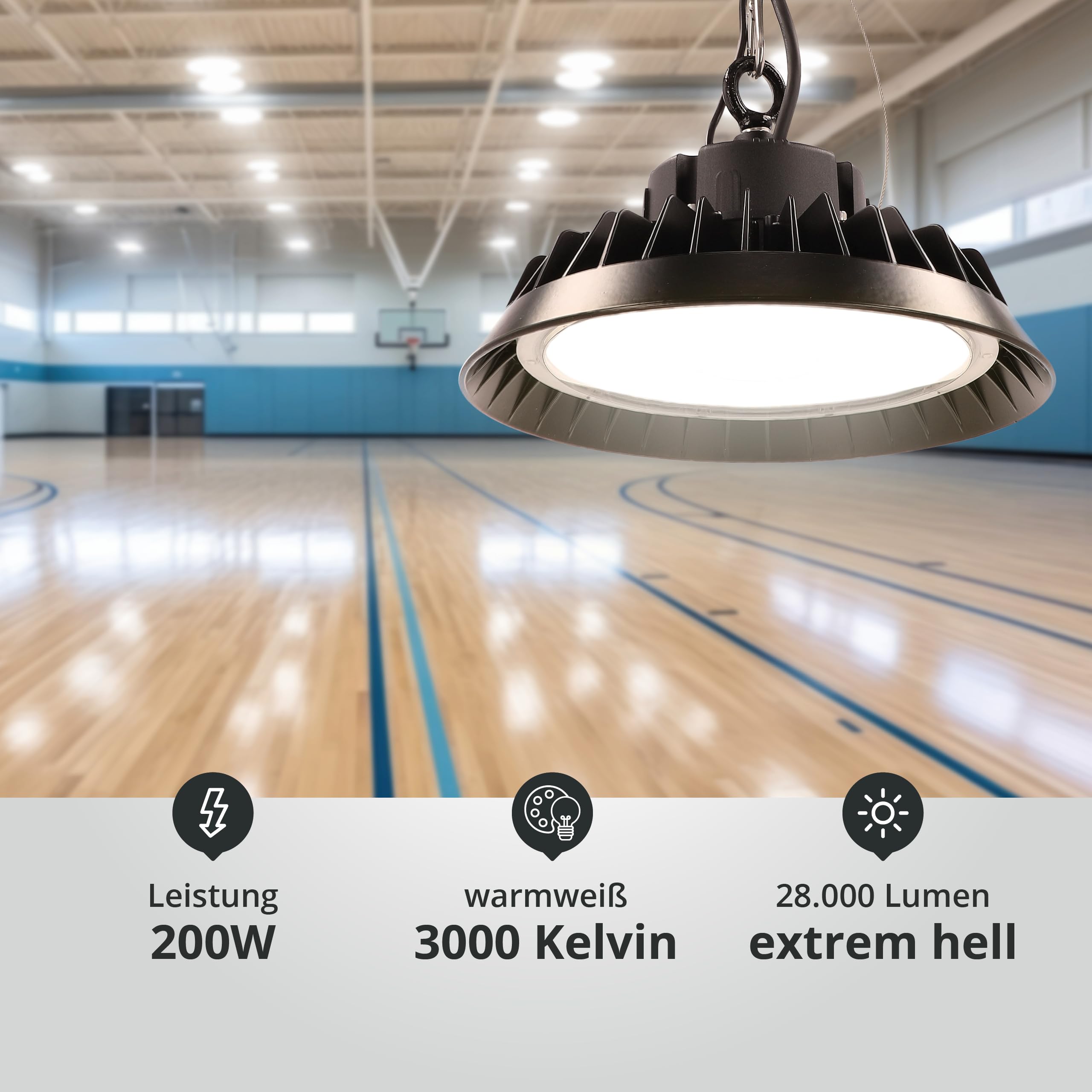LED High Bay Hallenstrahler 200W mit PREMIUM-Marken-Treiber dimmbar (1-10V) warmweiß 3000K 28.000lm 140lm/W 120° IP65 Industrielampe Werkstattbeleuchtung Ø324xH136mm 5 Jahre Garantie