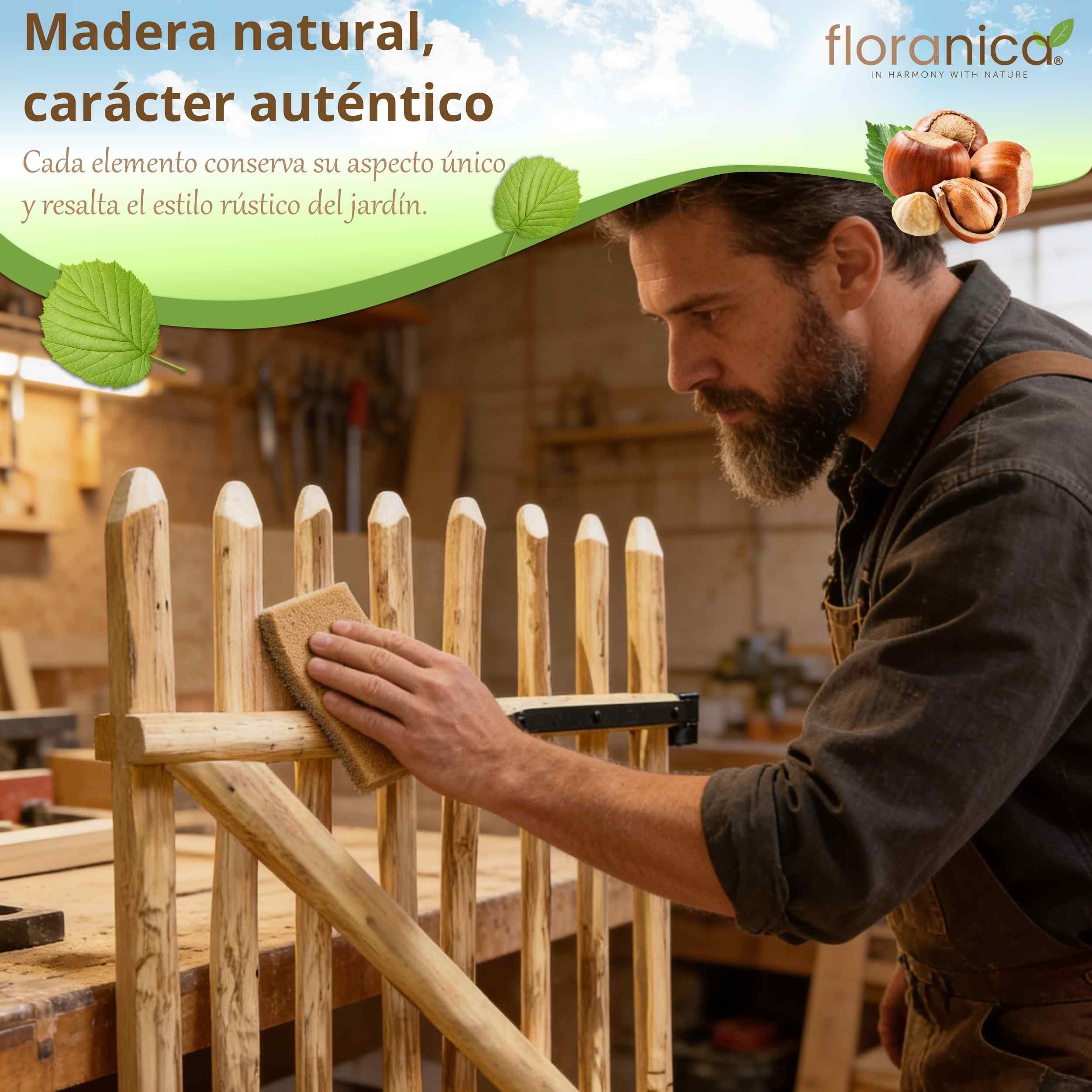 Floranica Puerta de jardín de madera de avellano para valla de estacas Altura 115 cm x 100 cm 1 hoja – lista para instalar incl. bisagras