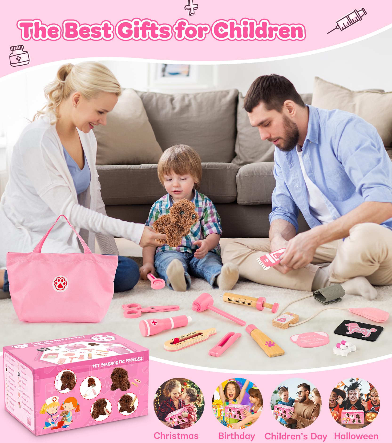 Ophy Valigetta Dottore Bambini,Legno Kit Dottore Bambino Stetoscopio ad alta Simulazione e figmomanometro,Camice da Medico,Gioco di Ruolo Kit Dottoressa Bambina Ragazze e Ragazzi di 3,4,5,6,Halloween