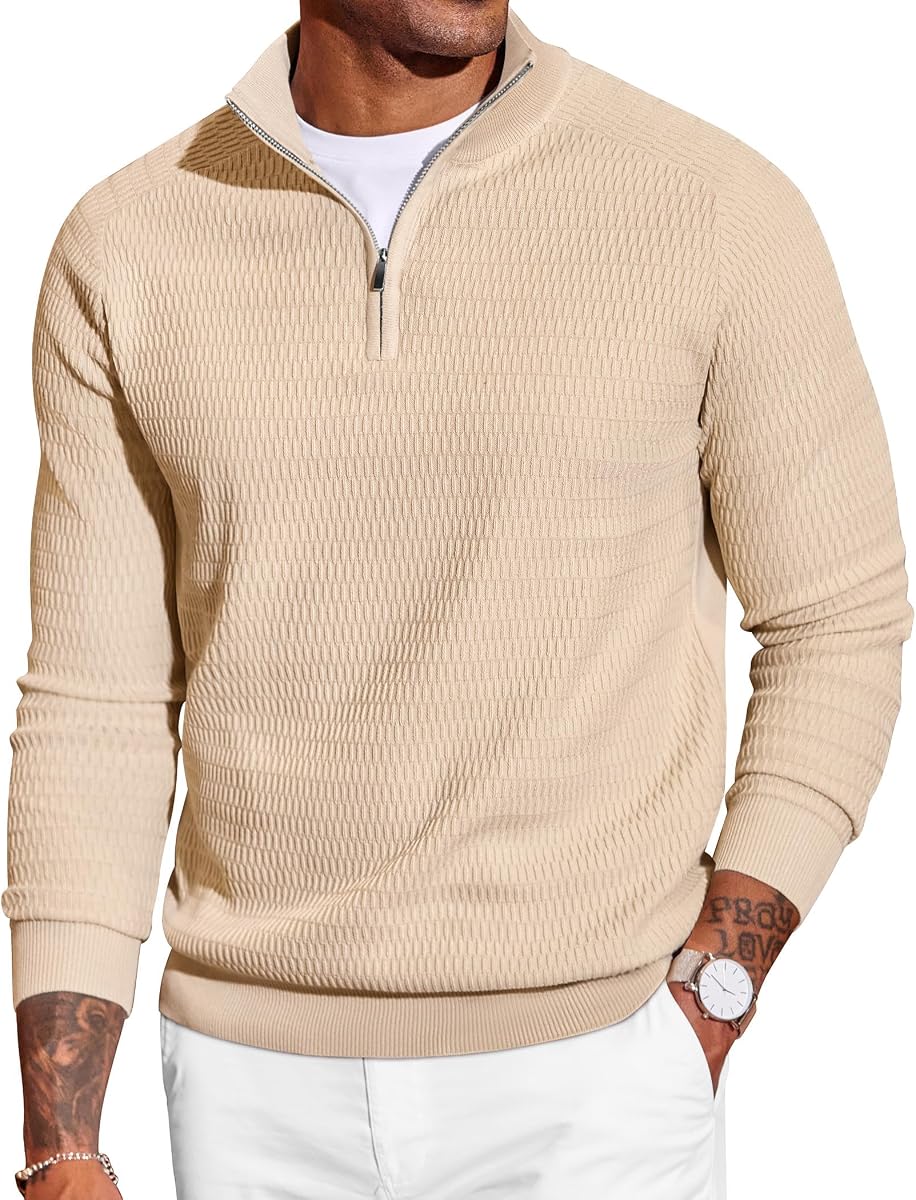 COOFANDY Men's Quarter Zip Sweater Luxurious Knit Mock Neck Pullover | Fashion Knit Texture, Soft Wrinkle Free Fabric, Lightweight, Slim Fit Style, Half Zip Pullover for Casual, Work, Dinner