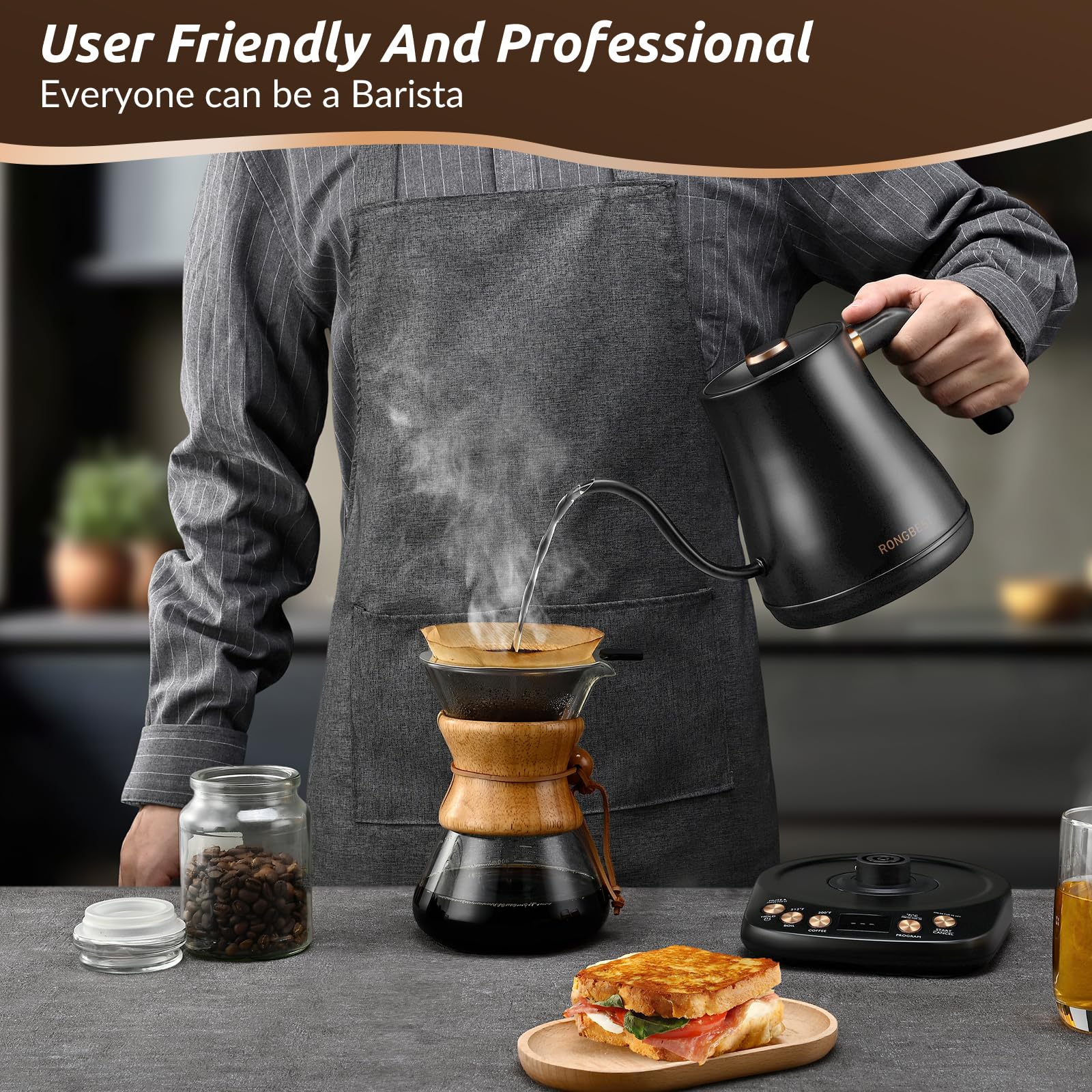 Hervidor eléctrico de cuello de cisne, 1200 W, 6 ajustes de temperatura, tapa interior e inferior de acero inoxidable, 1 litro de calentamiento rápido para café y té, negro mate 2