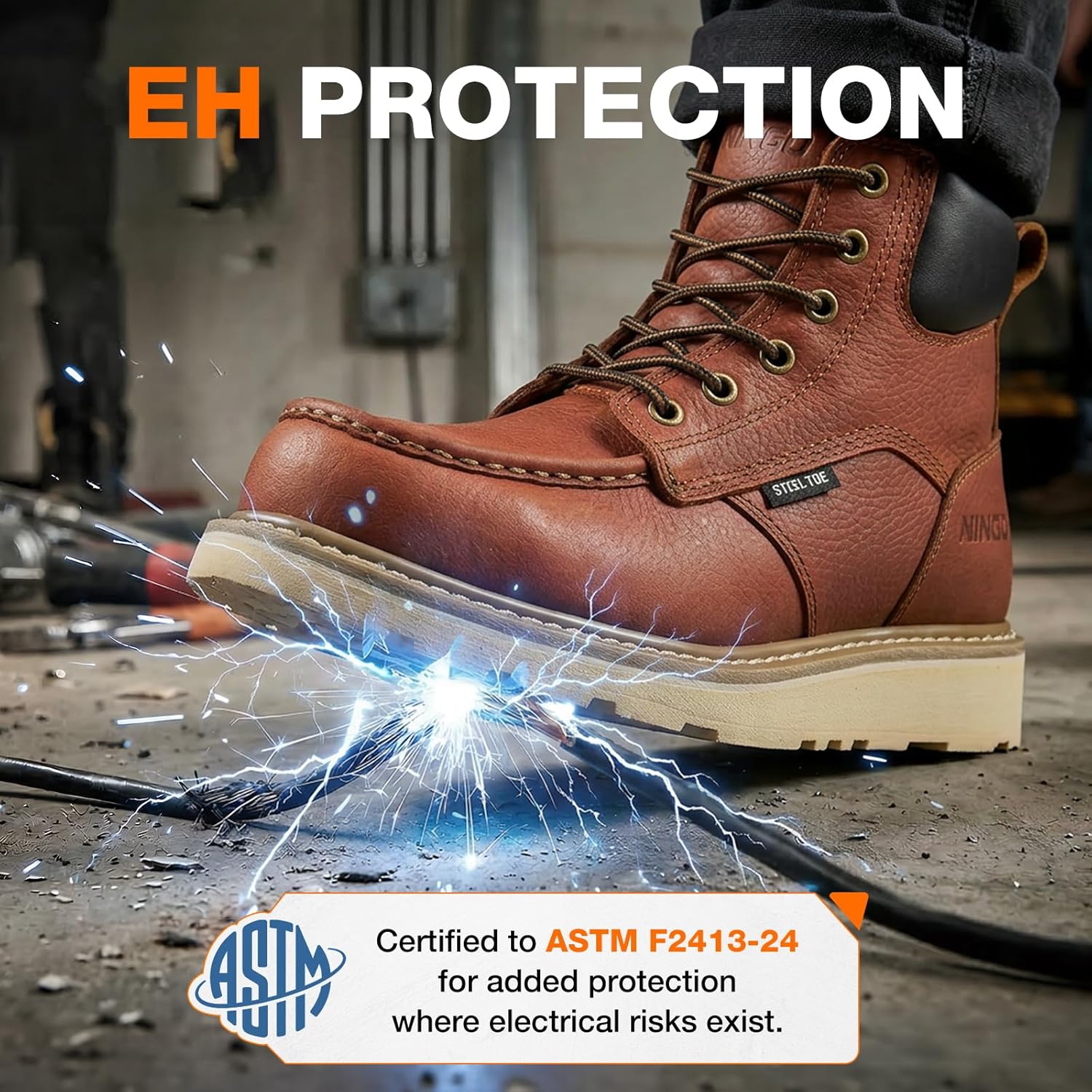 NINGO Steel Toe Boots for Men, Non Slip Mens Moc Toe Boots with Water Resistant Full Grain Leather, EH Rated Oil Resistant Wedge Sole, Comfortable Safety Work Boot for Construction Industrial, Brown