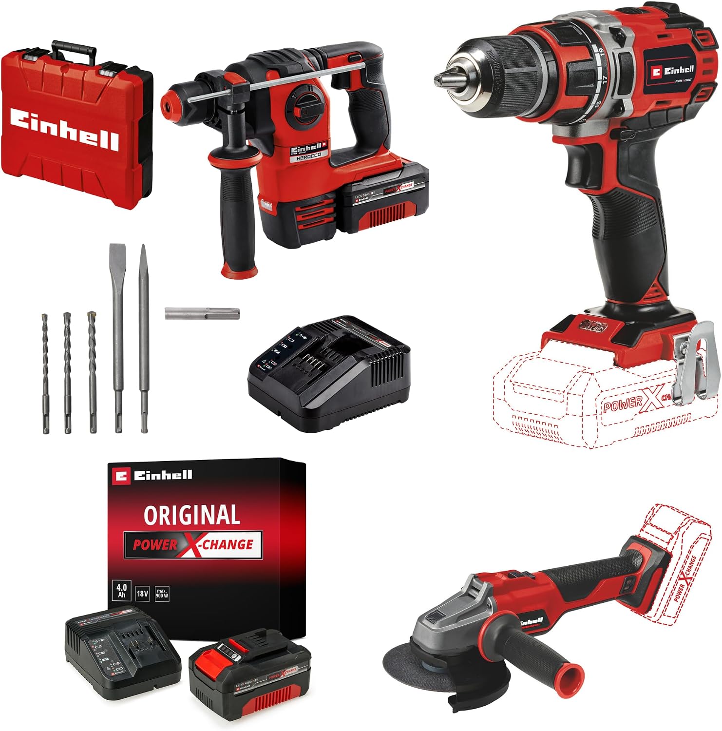 Einhell HEROCCO + AXXIO 18/115 Q + TP-CD 18/50 Li BL Akülü Kırıcı Delici,Taşlama ve Vidalama Seti (3,0 Ah Akü ve Şarj Cihazı, 4,0 Ah Akü ve Şarj Cihazı, 5 Parça Kırıcı Uç Seti Dahildir)