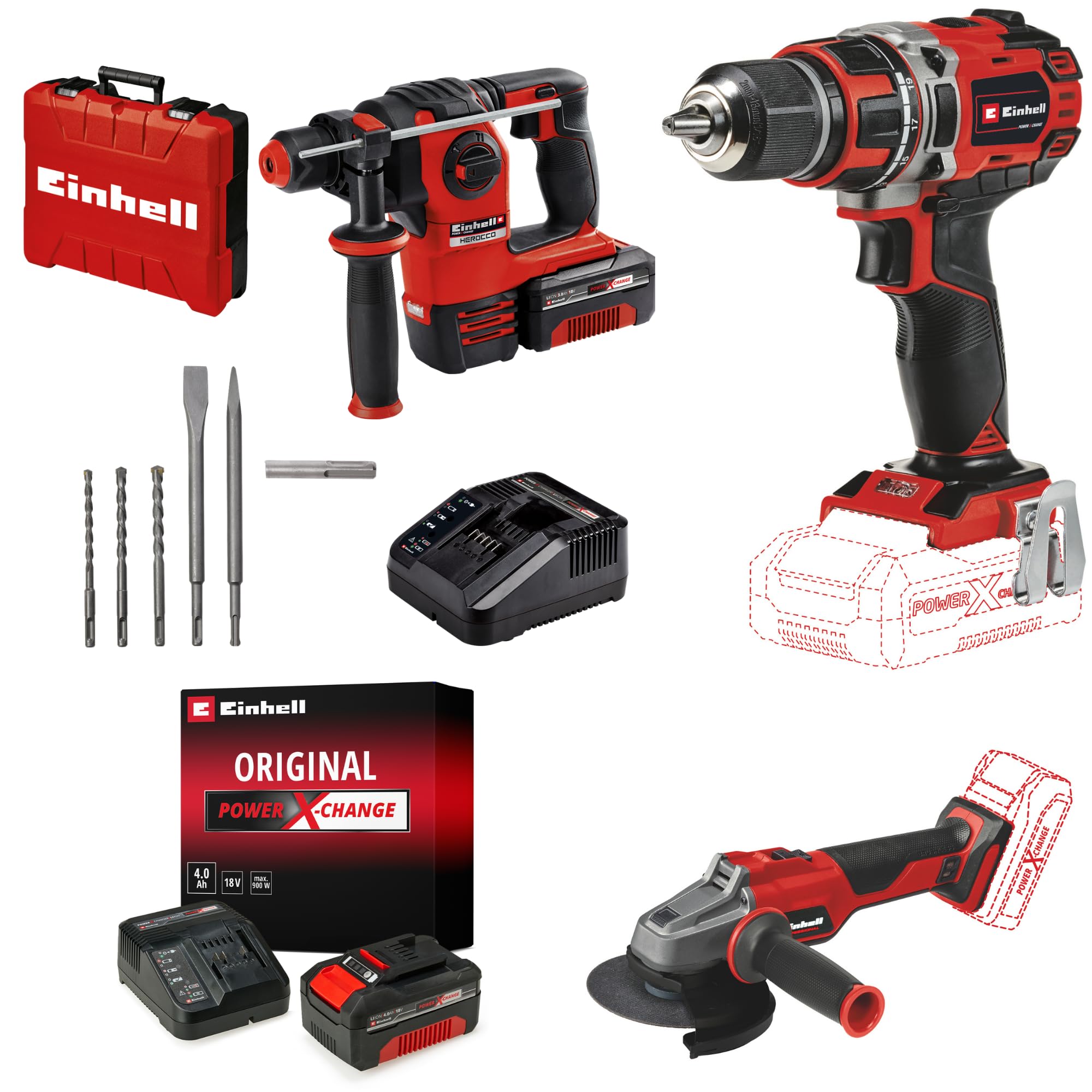 Einhell HEROCCO + AXXIO 18/115 Q + TP-CD 18/50 Li BL Akülü Kırıcı Delici,Taşlama ve Vidalama Seti (3,0 Ah Akü ve Şarj Cihazı, 4,0 Ah Akü ve Şarj Cihazı, 5 Parça Kırıcı Uç Seti Dahildir)