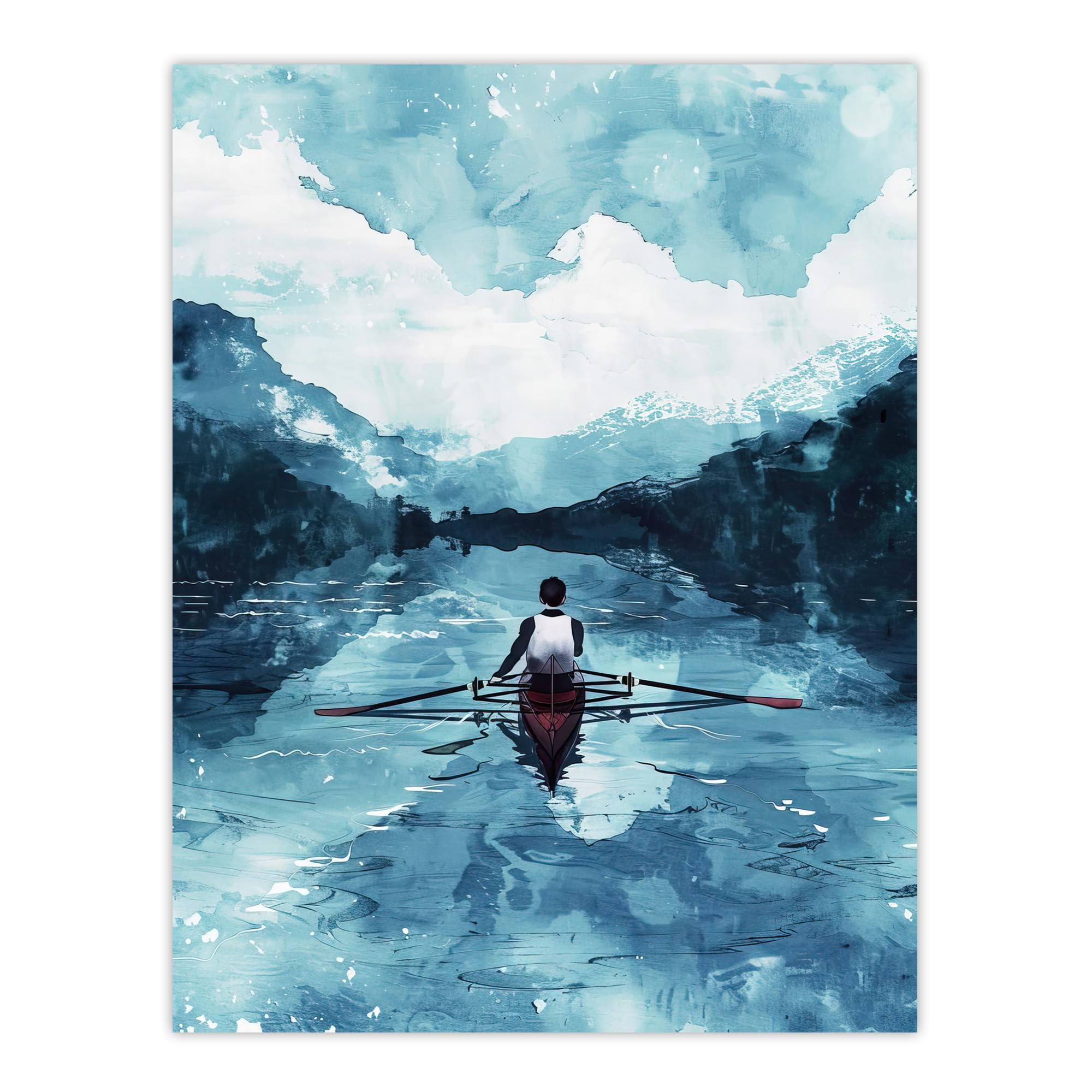Artery8 Rowing Boat Blue Watercolour Coastal Landscape Living Room Large Wall Art Poster Print Thick Paper 18X24 Inch