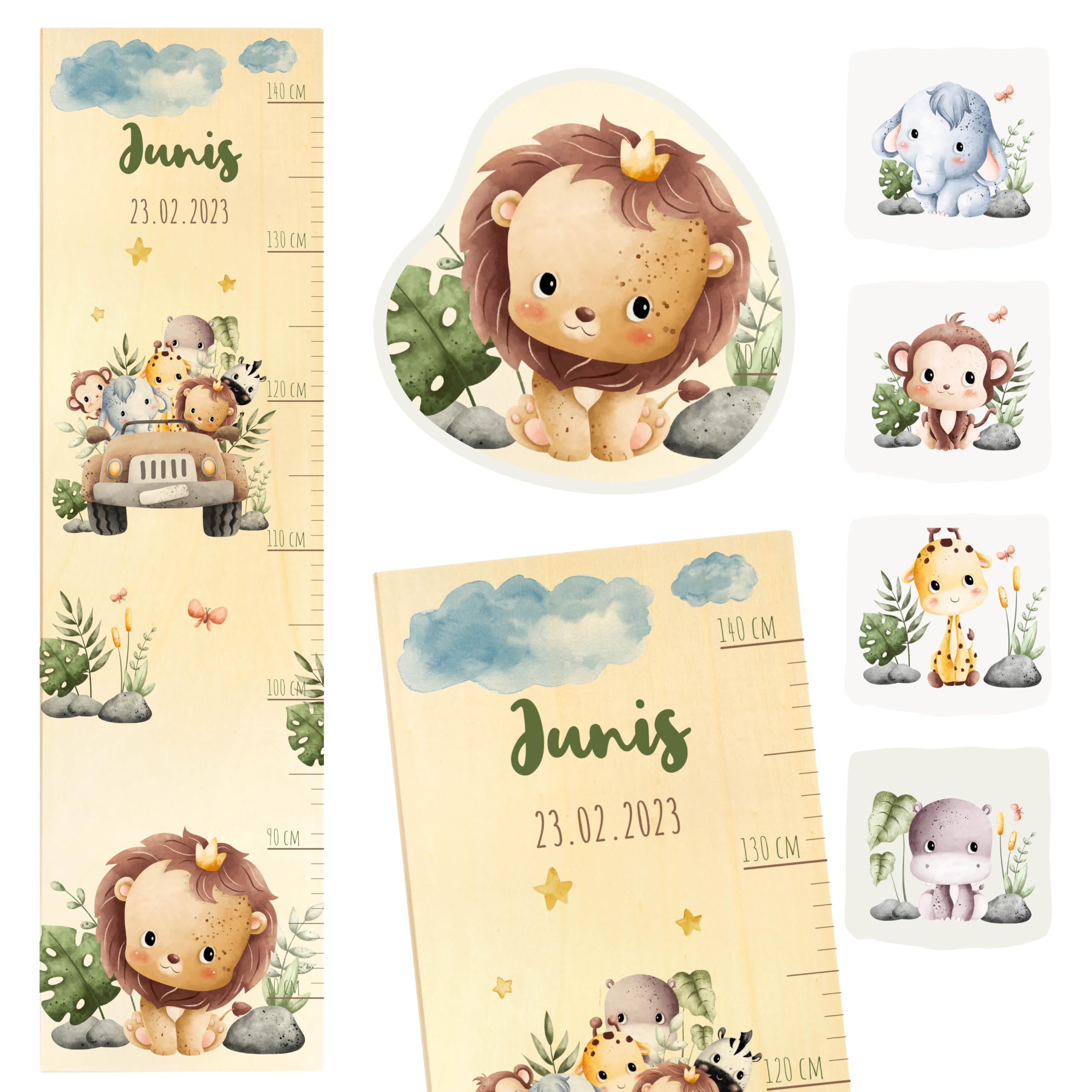 Geschenkfreude Messlatte Kinder personalisert 80-140cm - mit Safari als Dekoration fürs Kinderzimmer - personalisierte Messlatte Kinder Holz - Geschenk Geburt Mädchen und Junge
