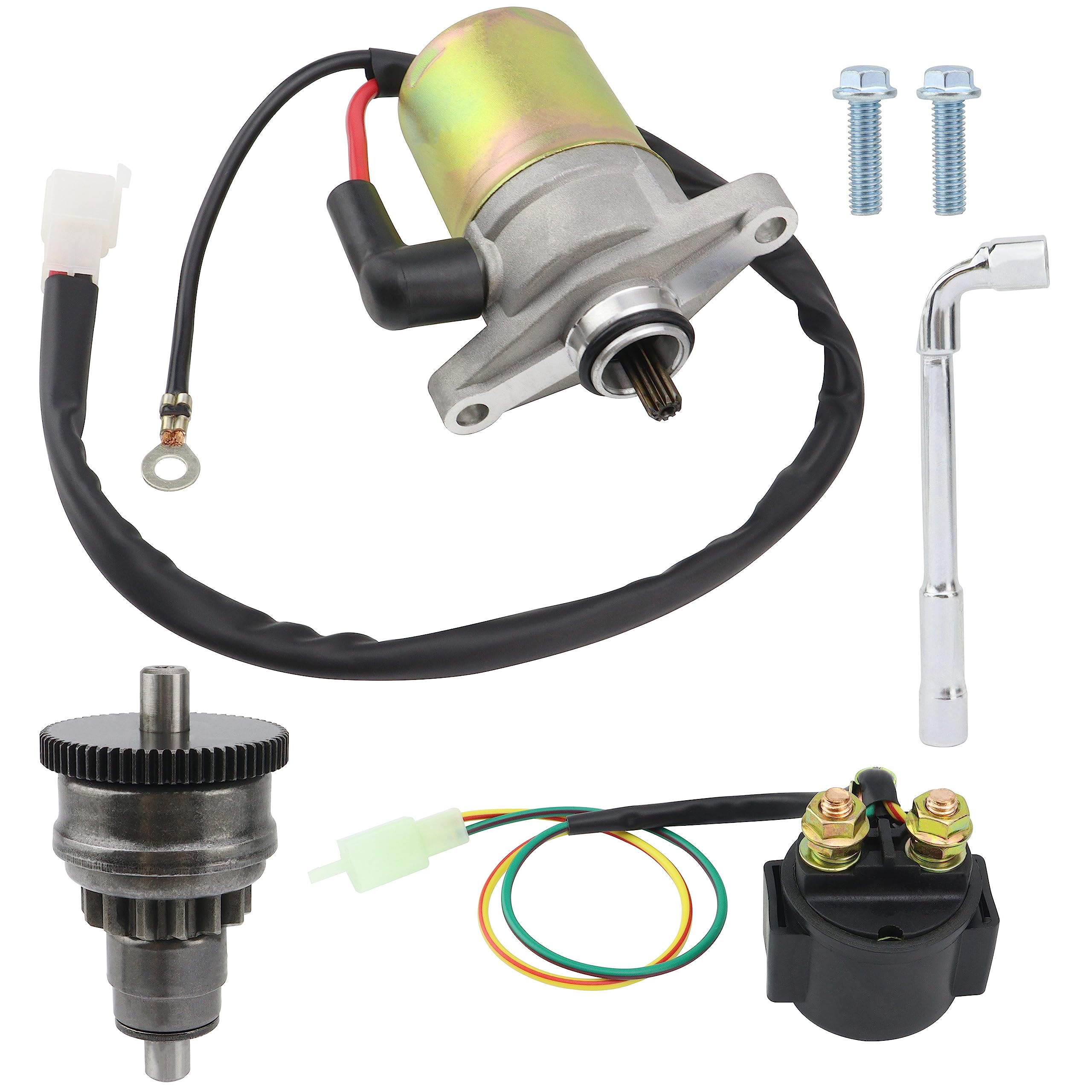 Starter w/Bendix & Relay for GY6 47cc 49cc 50cc 60cc 80cc 100cc 4-Stroke 139QMB 139QMA 147QMD Scooter Moped ATV, for TaoTao Jonway Sunl Roketa Most Chinese Brands,Dual-Wire w/Screws & Wrench