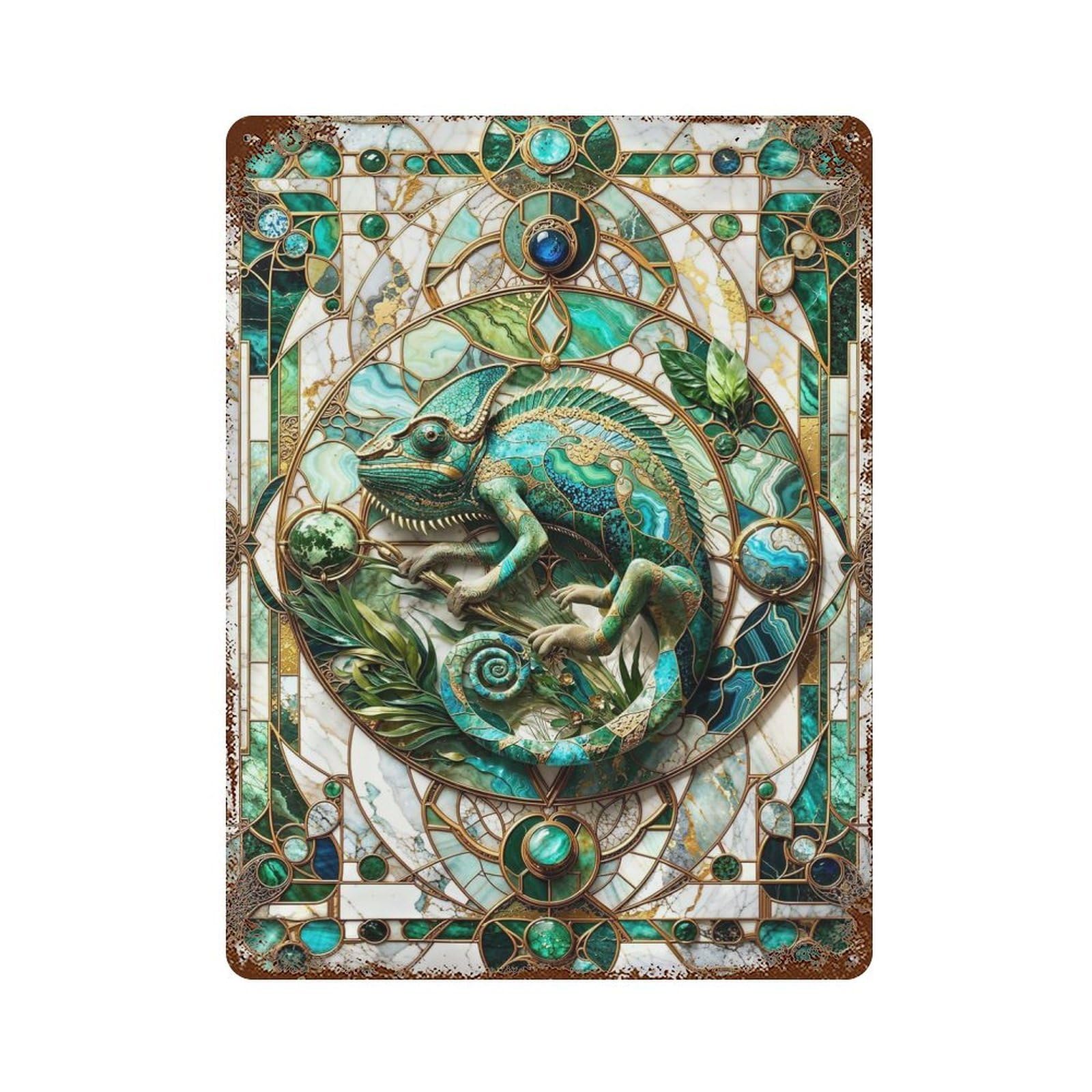 Jade Chameleon Kintsugi Rustic Tin Plaque 15.7"x11.8", for Living Room, Hallway And Home Decor, Decorative Metal Wall Art