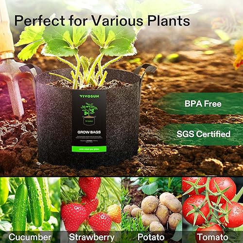 Miniatura 7 de VIVOSUN Paquete de 10 bolsas de cultivo de 10 galones, macetas de tela reforzadas para jardinería, color negro