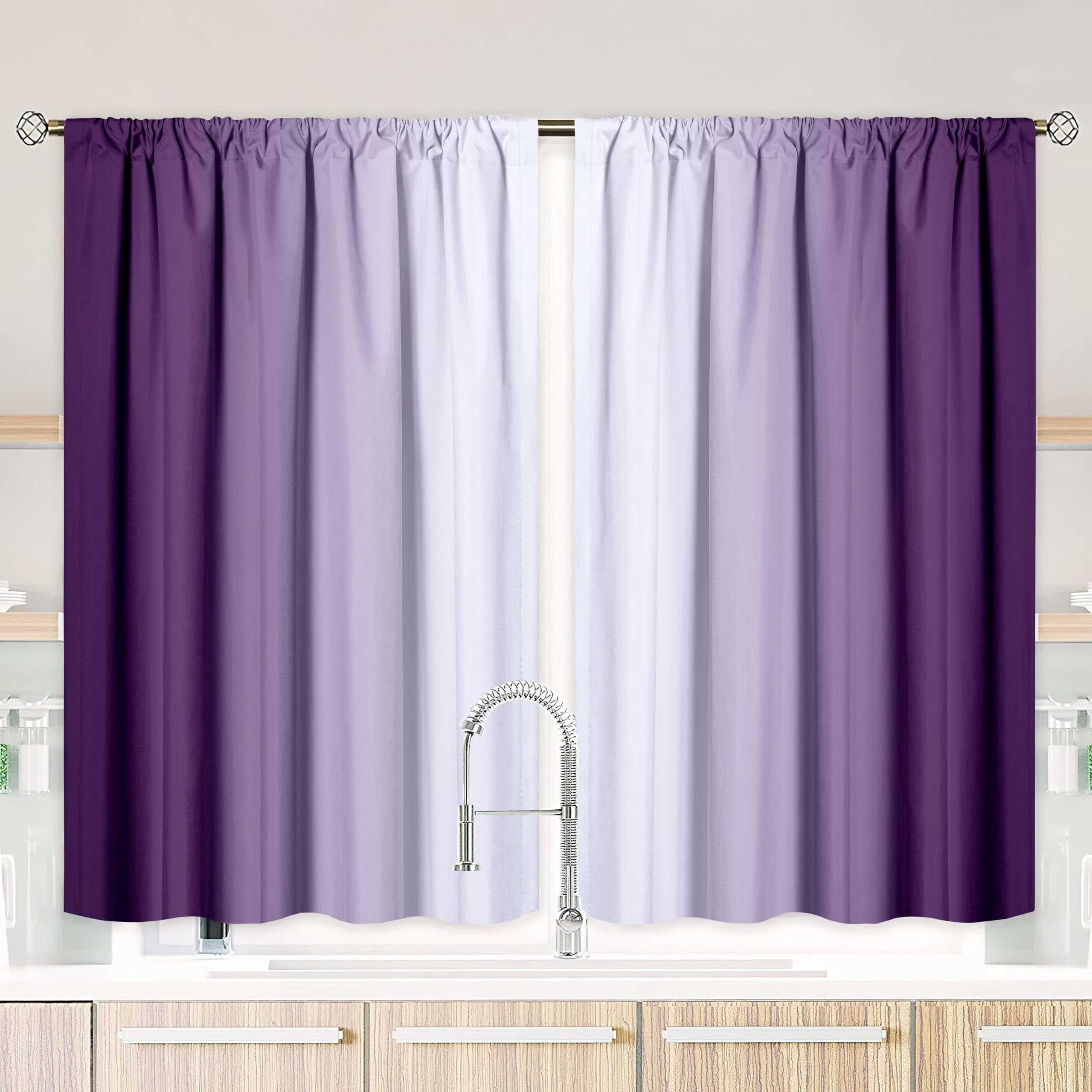 XFLINGBAO Purple Kitchen Curtains 2 Panels for Dining Room Purple and Grey White Curtain 36 inch Length Semi Sheer Rod Pocket Window Treatment Panel for Livingroom,27.5"x36" — image 1