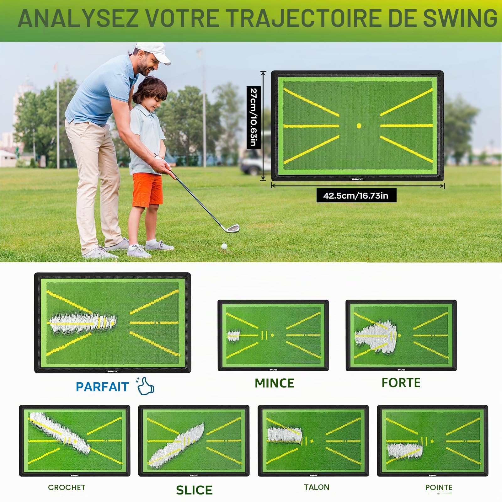IMAYCC Tapis de balançoire de Golf 2 Pièces Analyse de Trajectoire en Temps Réel avec Base Anti-Dérapant Renforcée - Portable Intérieur/Extérieur