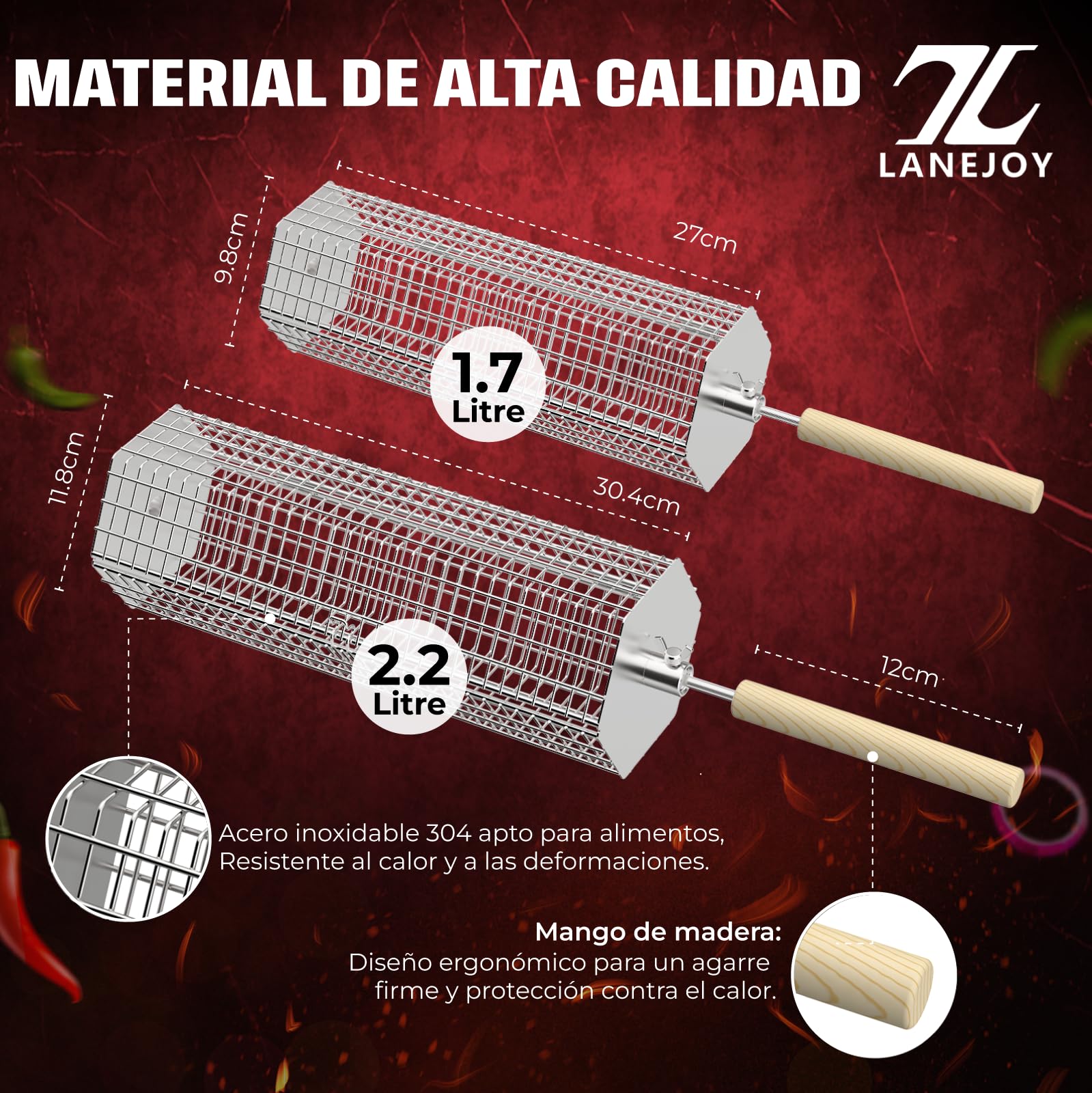 Foyucool Rollende Grillkörbe Set 2-teilig - Edelst Produktbild-Vorschau 3