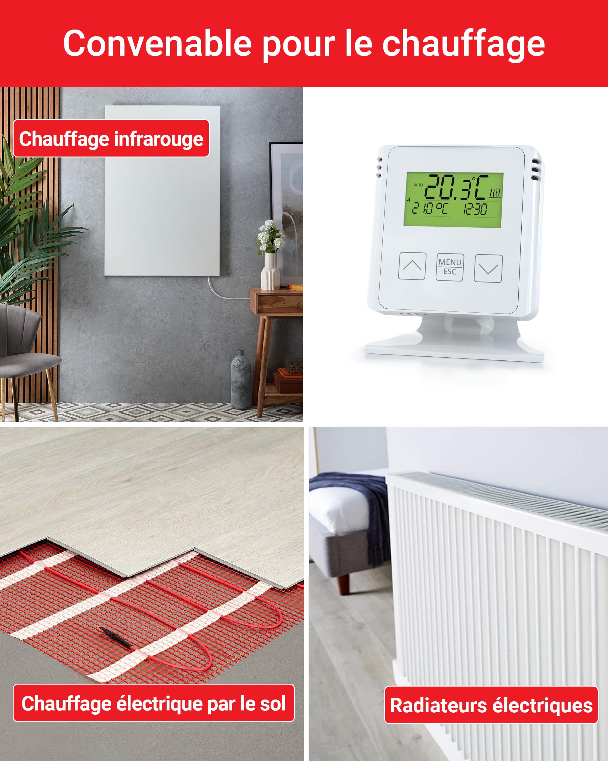 ELEKTROBOCK BT731 Thermostat d'ambiance sans Fil avec récepteur - Support - Portée jusqu'à 35 m - pour Chauffage électrique et Infrarouge - Programmes hebdomadaires et Protection antigel, Blanc