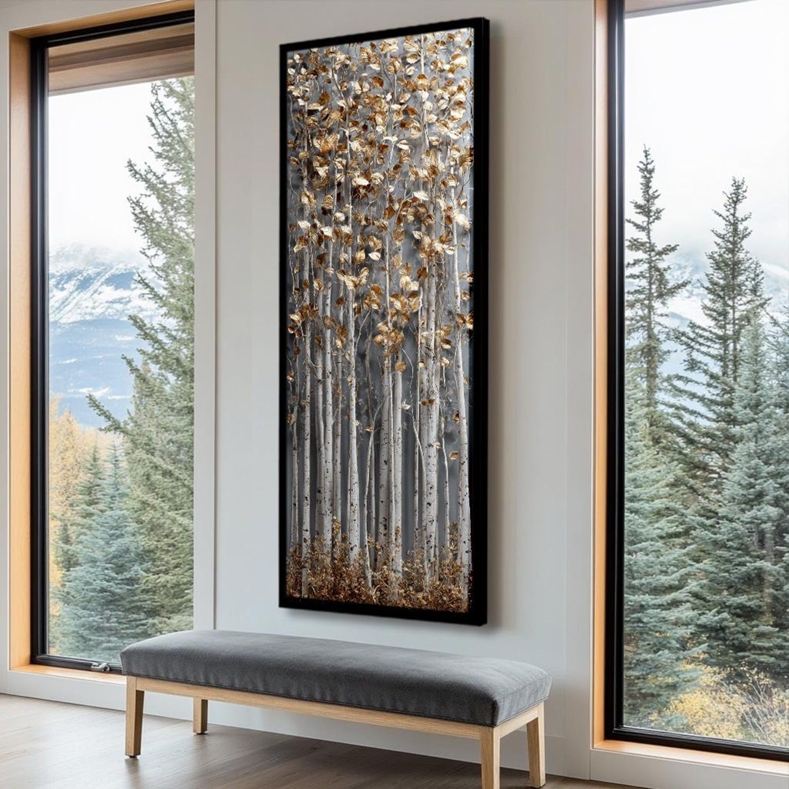 Kunst mit langen, schmalen Bäumen, hohes und dünnes Leinwandbild, vertikales Wandbild, gerahmtes Leinwandbild für Büro, Zimmer oder Flur (40 x 120 cm/Innenrahmen)