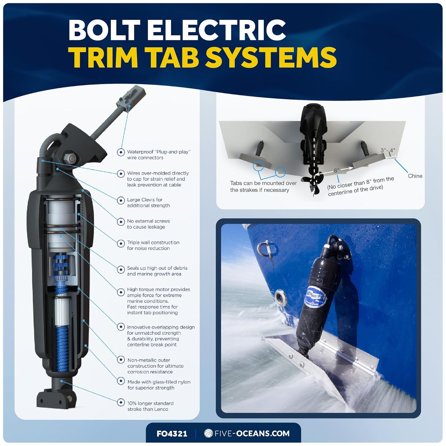Bennett Marine Bolt Electric Trim Tab System 12" x 12", Includes Integrated Helm Control, Actuators, Wires Harnesses and Mounting Hardware, Complete Kit BOLT1212, 12V DC - FO4321