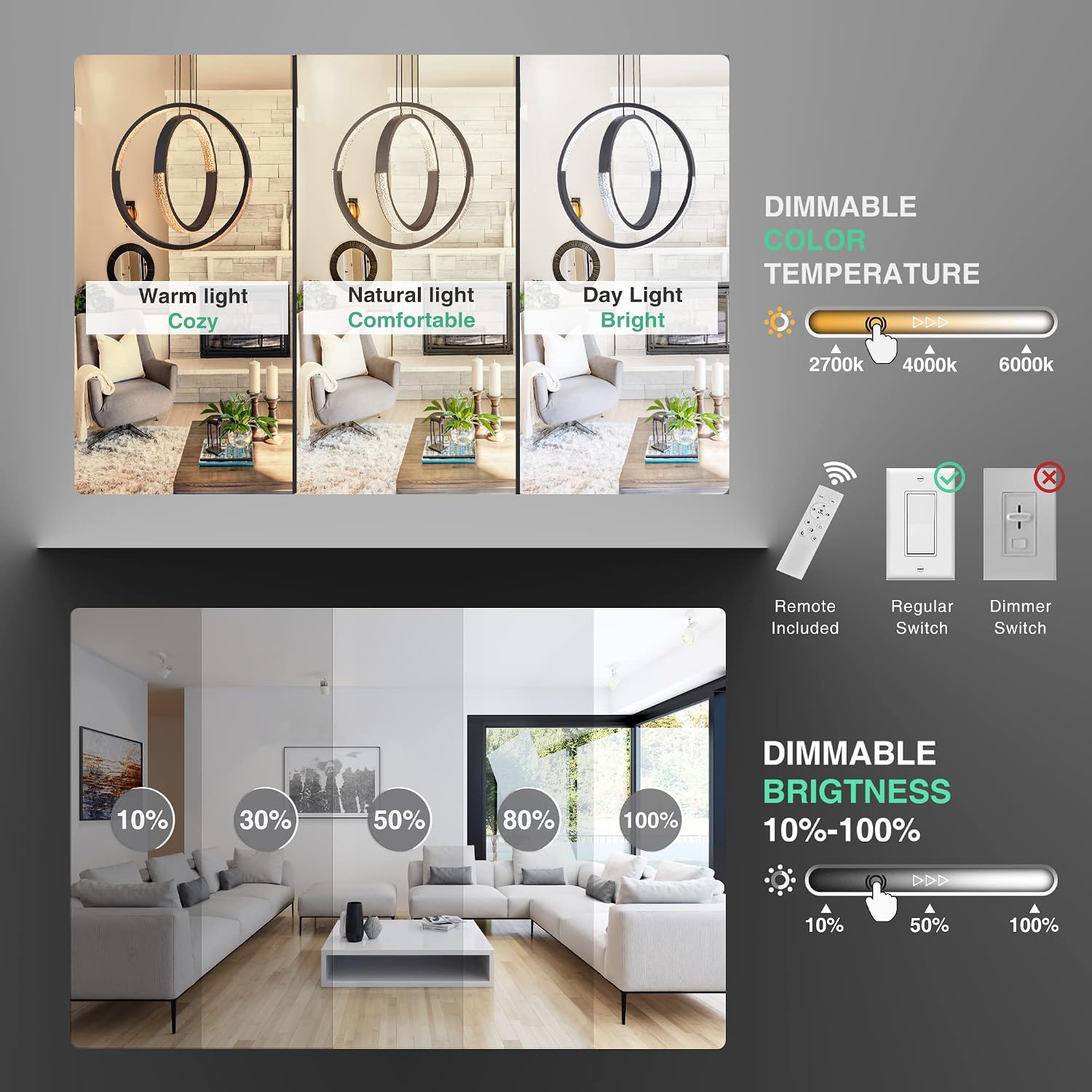 IKK Modern LED Chandelier, Dimmable with Remote Control, Acrylic in Crystal Shape Light Fixture, 2 Rings Pendant Lighting for Dining Living Room Bedroom Kitchen, Foyer, Dark Grey (D=19.7")