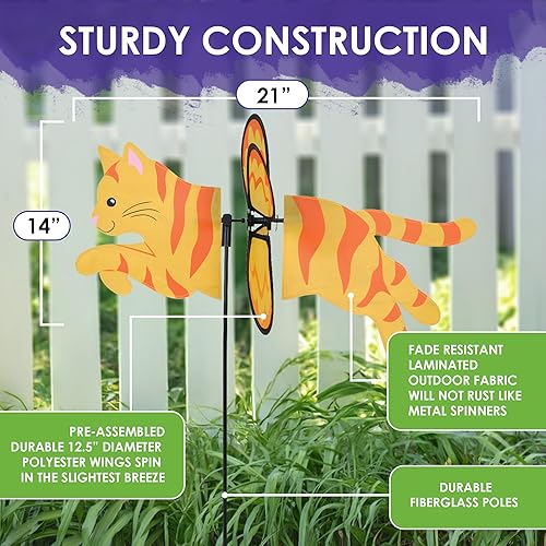 Miniatura 3 de Premier Kites Petite Spinner Cat - Molinillo de viento caprichoso para patio y jardín, tela duradera resistente a la intemperie, fácil de montar,