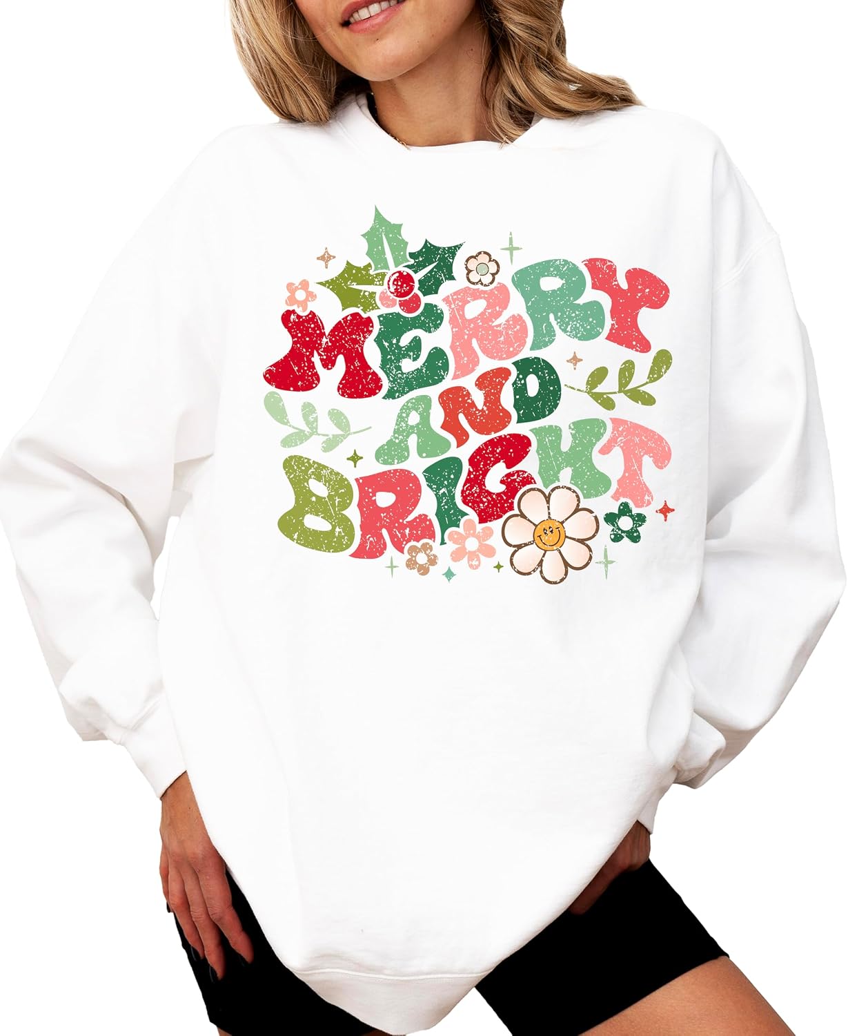 Distressed Floral Merry and Bright Sweatshirt for Women and Teens Trendy Holiday Pullover