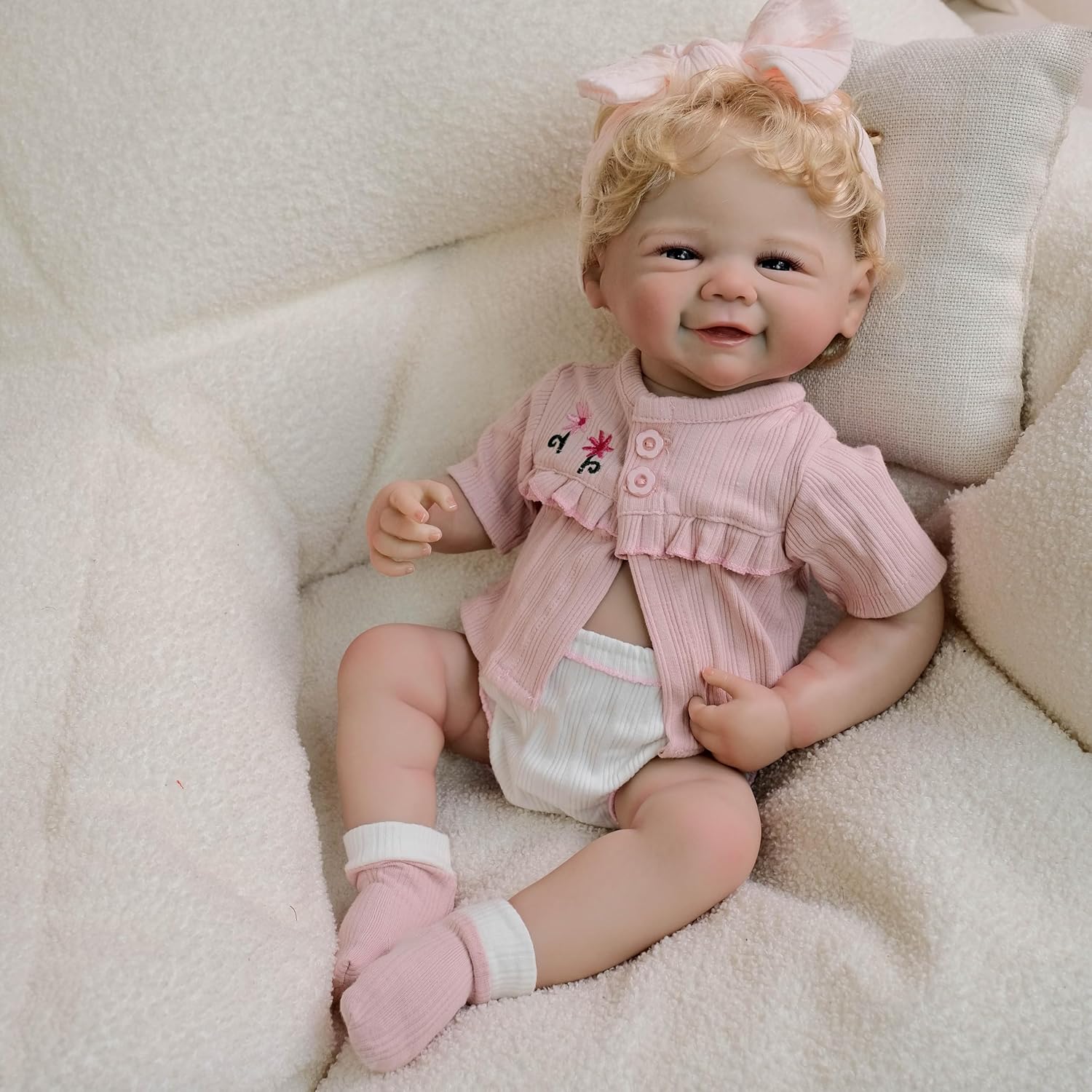 Reborn Baby Dolls Smiling Girls 19-Inch Lifelike Reborn Doll Soft Vinyl Body Realistic Newborn Baby Doll Real Life Baby Dolls Gift Box Toys for Kids Age 3+ - Image 3