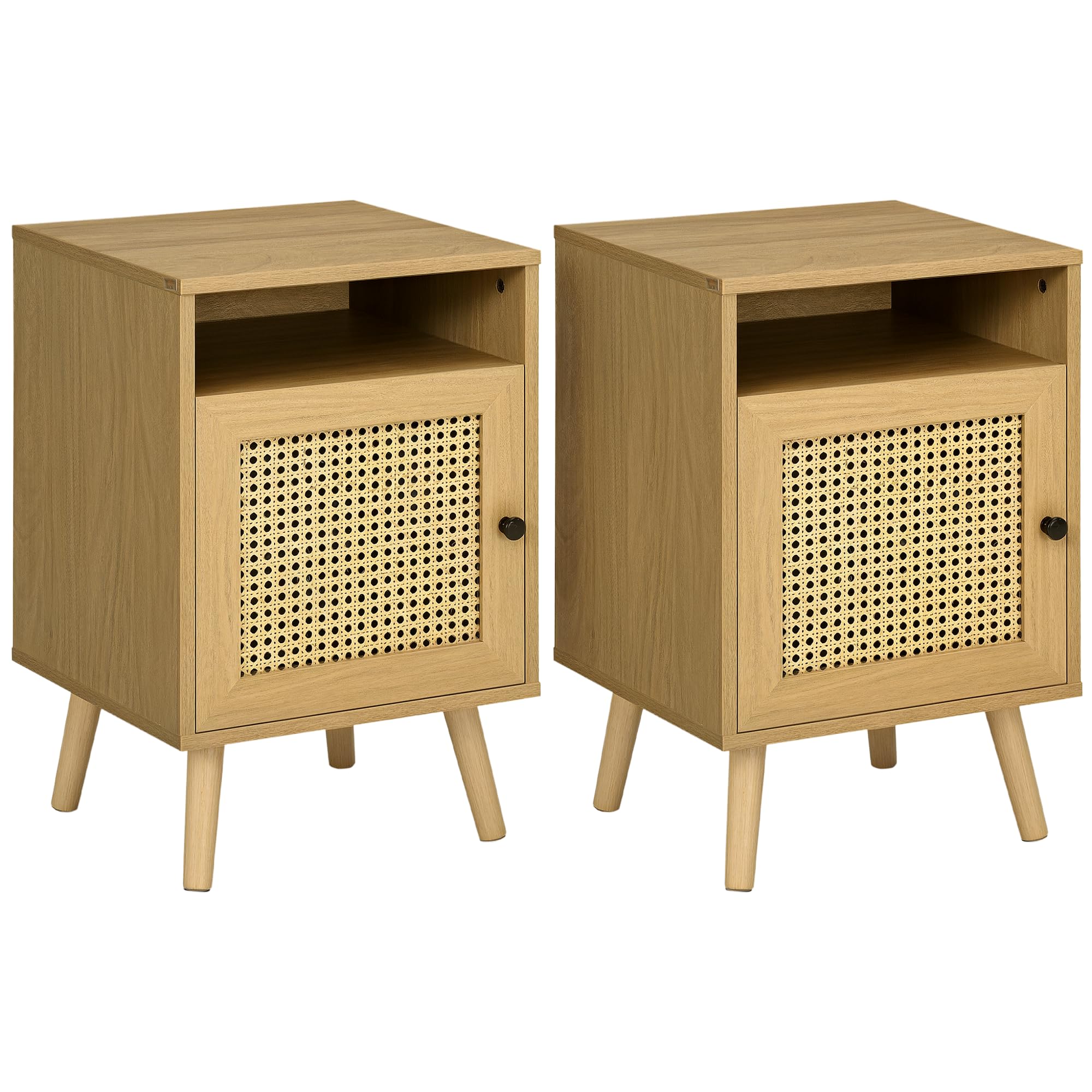 HOMCOM Juego de 2 Mesitas de Noche con Puerta de Ratán Mesillas de Noche con Estante Abierto Mesas Auxiliares para Dormitorio Salón 39x35x60 cm Natural