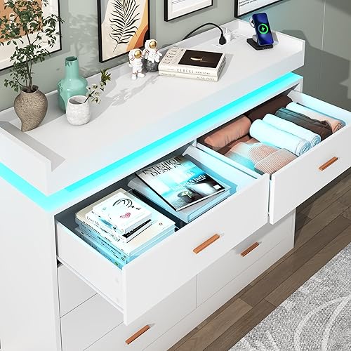 Miniatura 5 de Cómoda de 8 cajones con luz LED y estación de carga, cómoda moderna para armario, armario organizador de cajones anchos para dormitorio, sala de