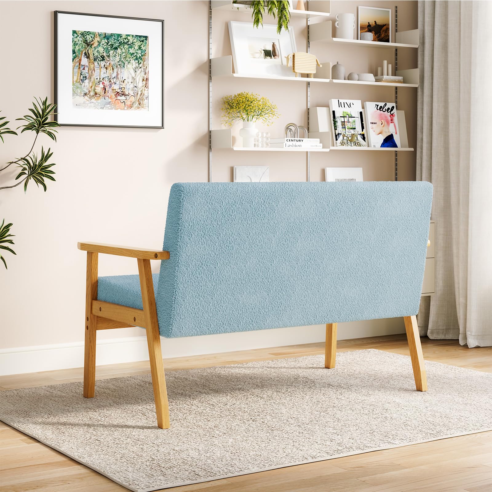 Dripex Divano a 2 posti, con cornice in legno, piccolo divano lounge da 2 pezzi, moderno e scandinavo, in velluto Teddy, per soggiorno, camera da letto, ufficio, Azzurro
