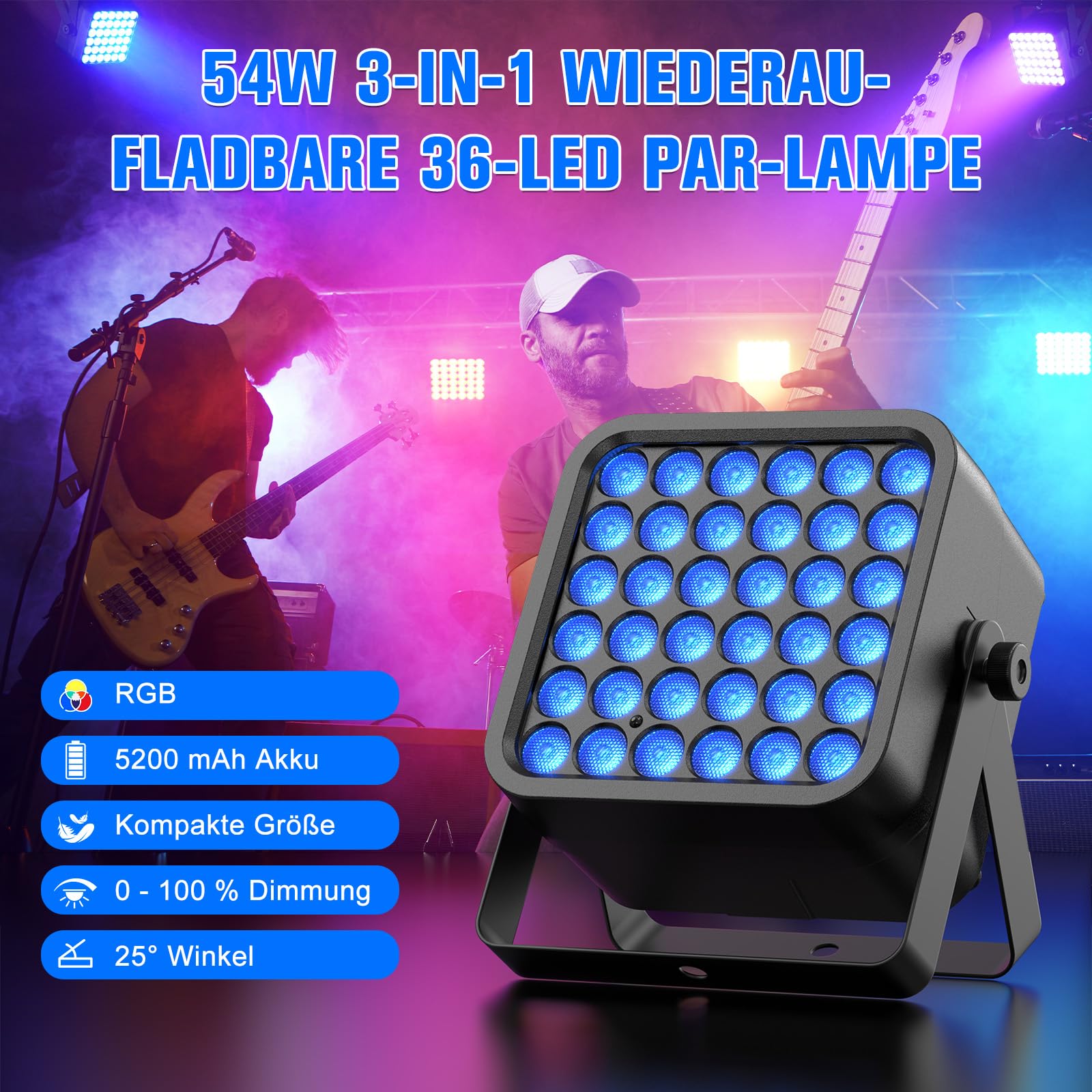 36 LED Akku Par Strahler, 54W 6 in 1 RGBWA+UV Par Licht, Disco Partylicht Scheinwerfer mit 5200mAh Batterie Fernbedienung 8/10CH, Wiederaufladbar Geeignet für Bühne Party Geburtstag Club
