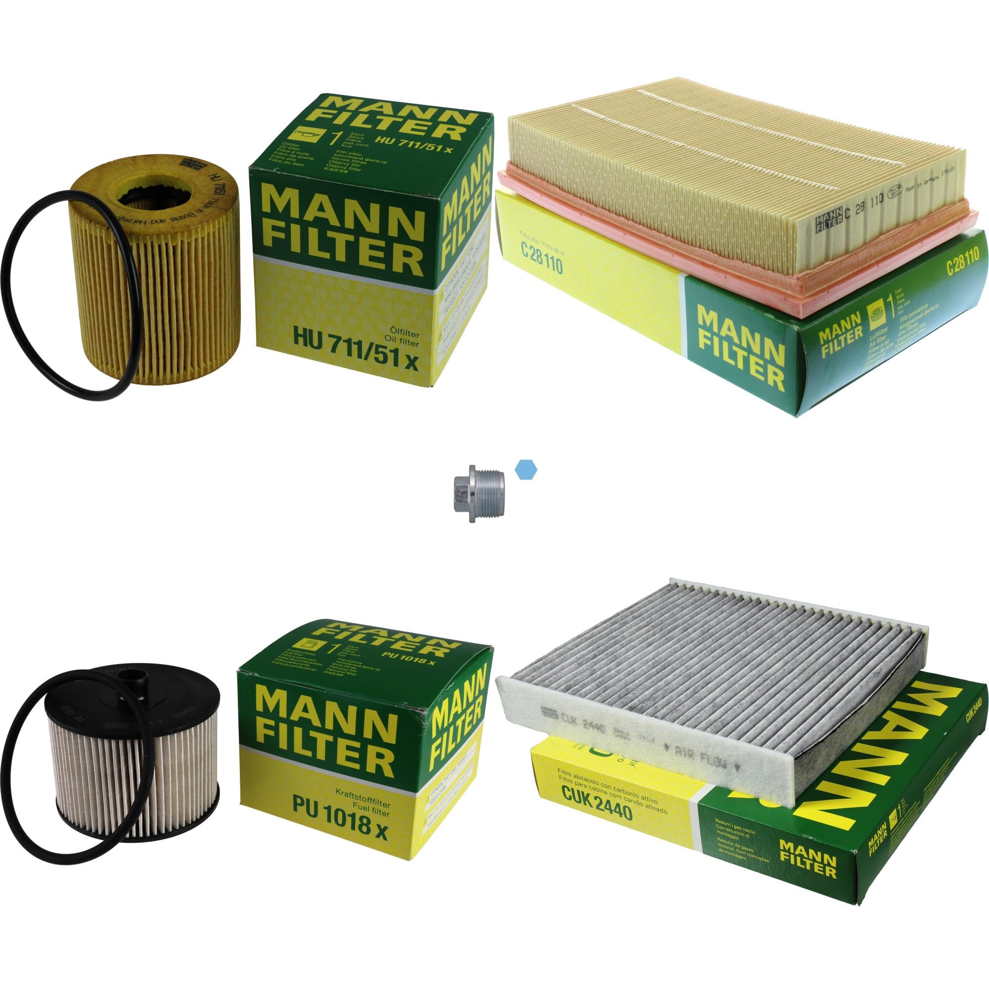Paquete de inspección Kit de mantenimiento de filtros con filtro de aceite HU 711/51 x, filtro de aire C 28 110, filtro de combustible PU 1018 x, filtro de habitáculo CUK 2440, tornillo de