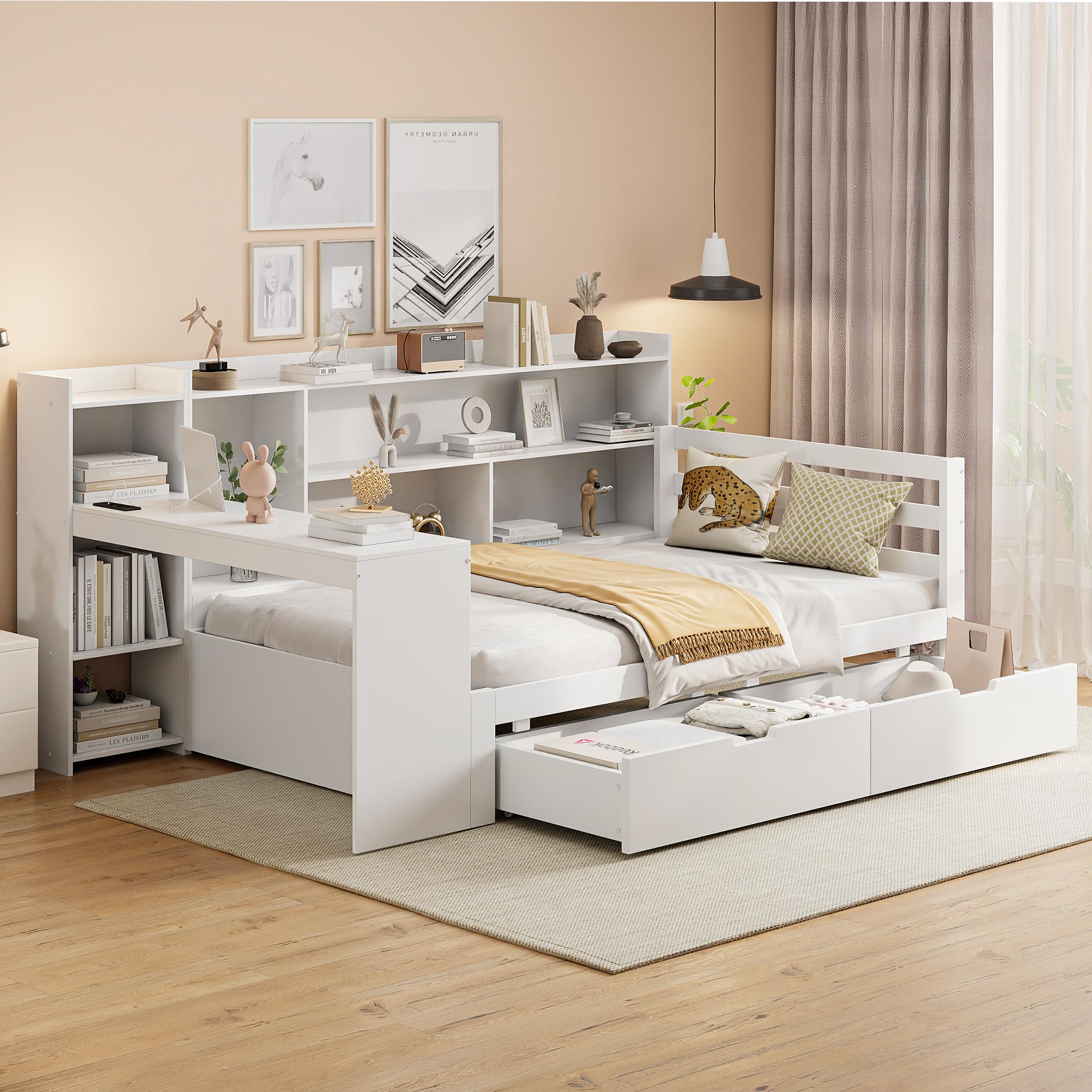 Dolamaní Letto da giorno, 90 x 200 cm, con scrivania, scaffali, ripiani e 2 grandi cassetti, letto funzionale (bianco)