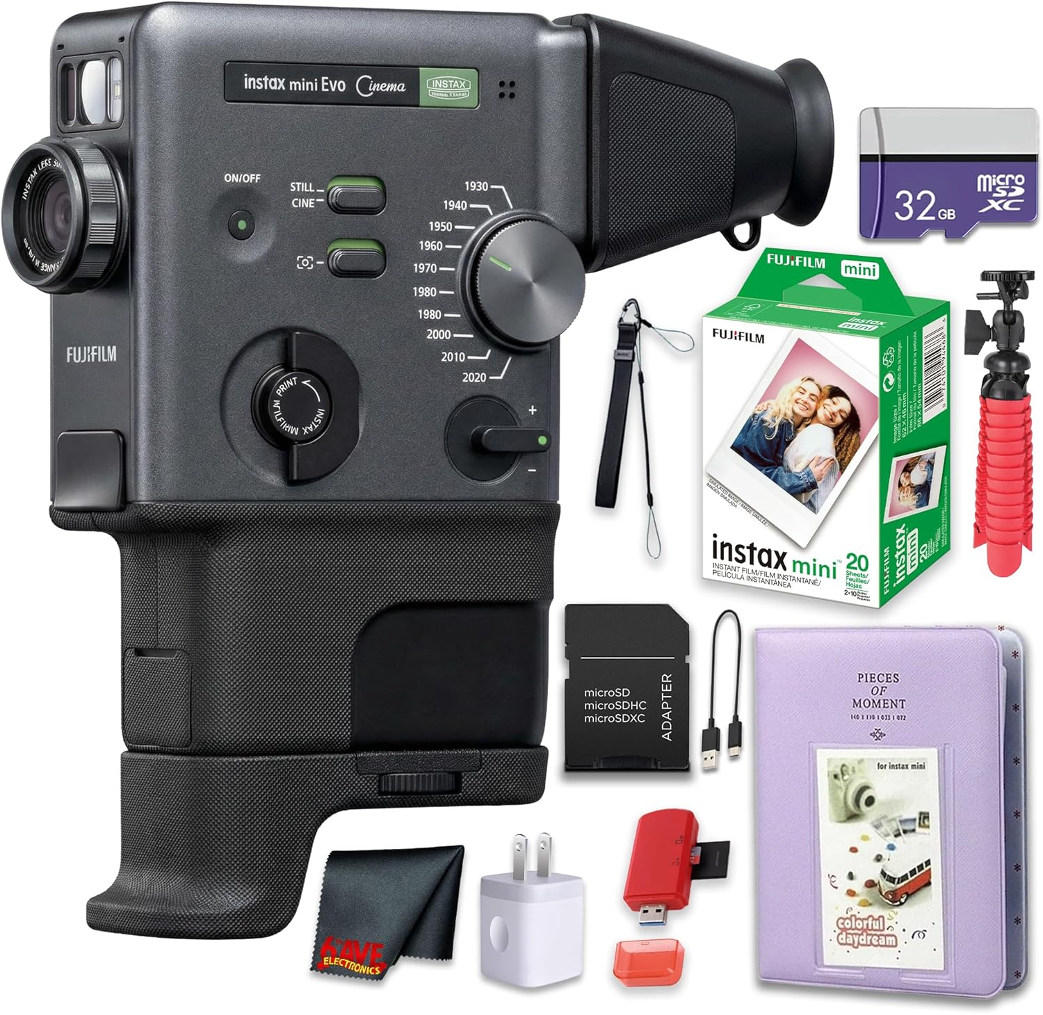 FUJIFILM instax mini Evo Cinema Hybrid Instant Camera Bundle, 3-in-1 Camera Printer with Bluetooth + Gen Dial for 10 Decade-Inspired Effects + Instax-Mini Twin Pack Instant-Film 20 Sheets + More