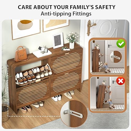 Miniatura 7 de Armario estrecho de almacenamiento de zapatos para entrada con 4 cajones abatibles, armario de zapatos de borde curvado con panel de rayas