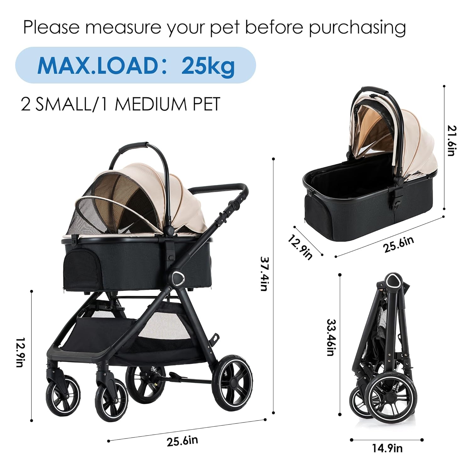 Pet Stroller for Small/Medium Dogs, Foldable Dog Stroller with Detachable Carrier,3 in 1 Pet Stroller for Dogs Cats up to 50 lbs, Cup Holders,Easy Assembly, Black