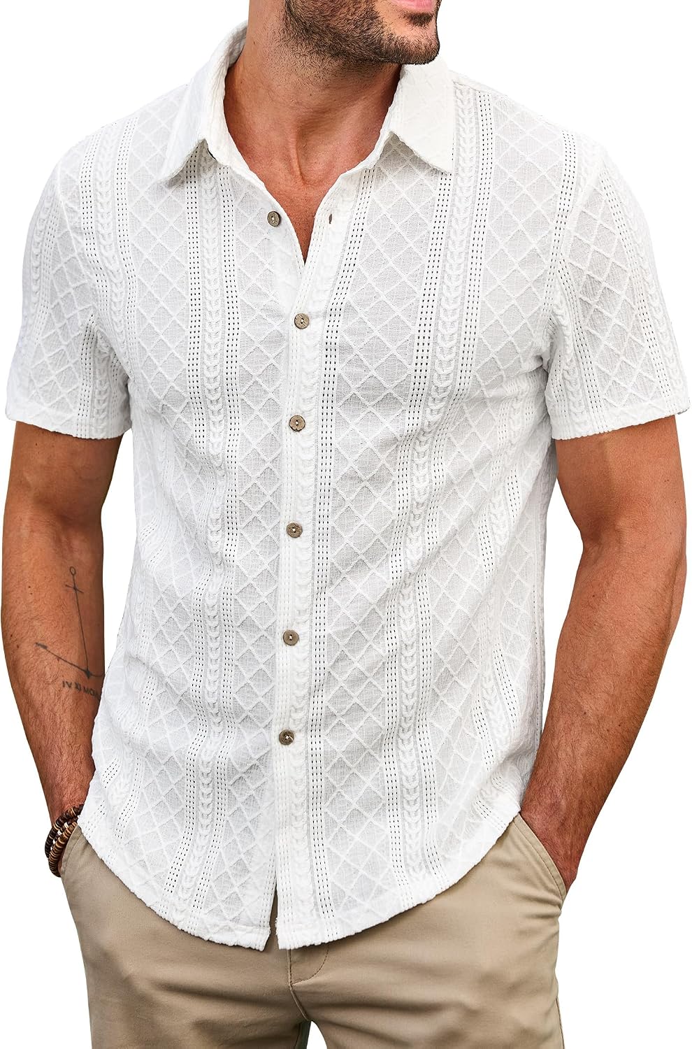 Men Crochet Textured Shirts Casual Short Sleeve Button Down Tops(S-XXL)