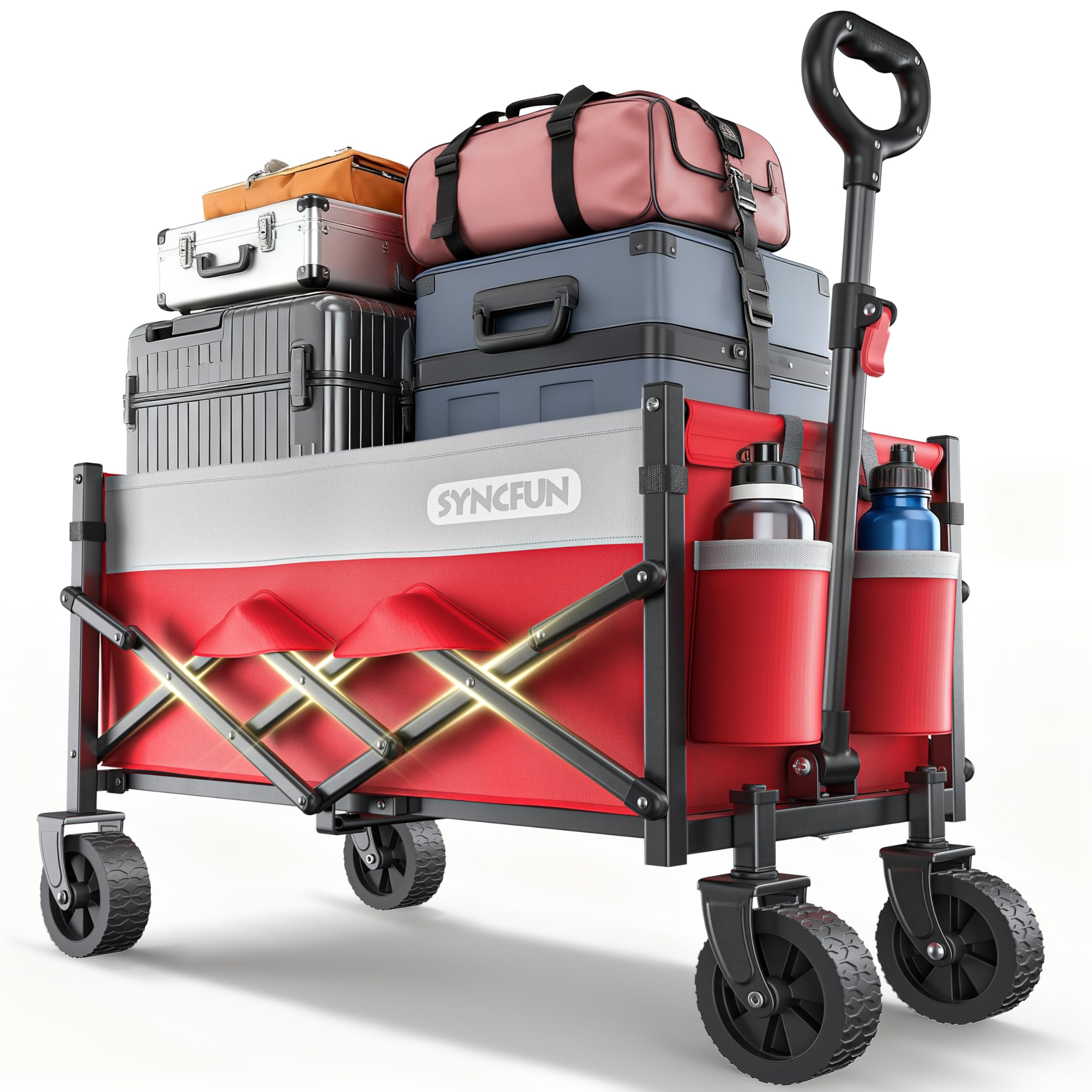 SYNCFUN Collapsible Wagon Cart Foldable 300lbs, Portable Rolling Shopping Carts on Wheels, All Terrain Folding Sport Beach Wagons for Sand, Heavy Duty