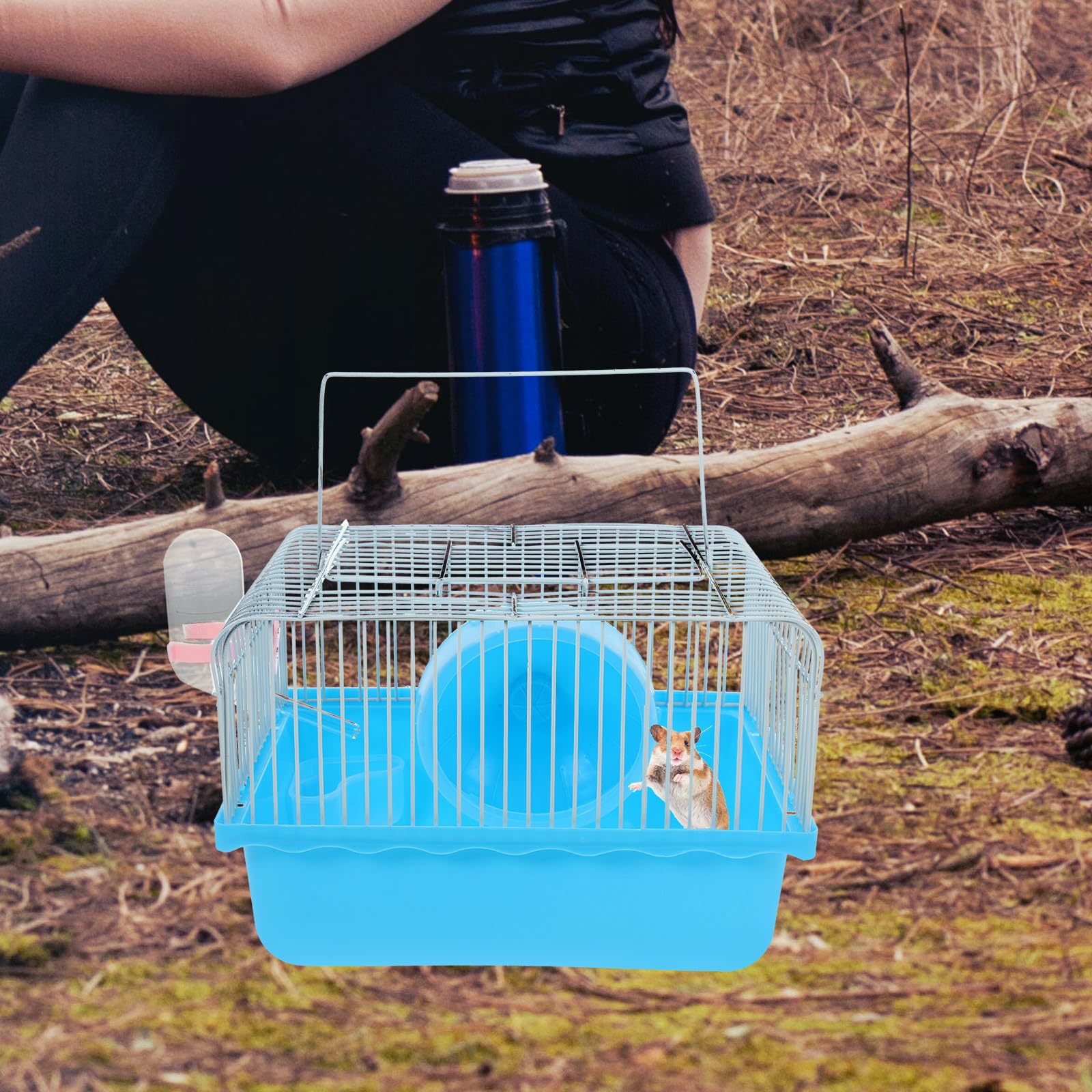 TEHAUX Small Animal Carry Cage Blue Travel Cage with Handle, Guinea Pig Carrier, Rat, Gerbil, Bird, Squirrel Carrier with Hamster Wheel and Water Bottle
