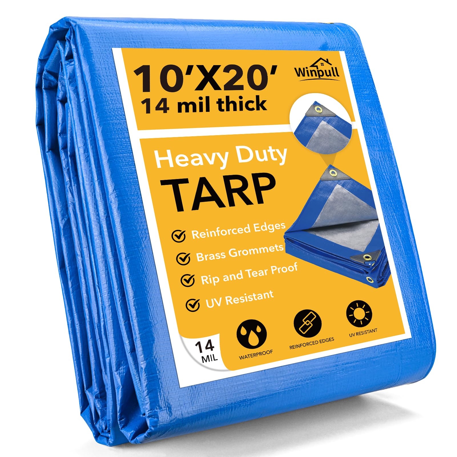 tarp 10x20 feet 14 mil heavy duty waterproof tarp, large multipurpose cover with brass grommets and reinforced edges, uv resistant thick poly tarps for outdoor camping tent pool car, blue