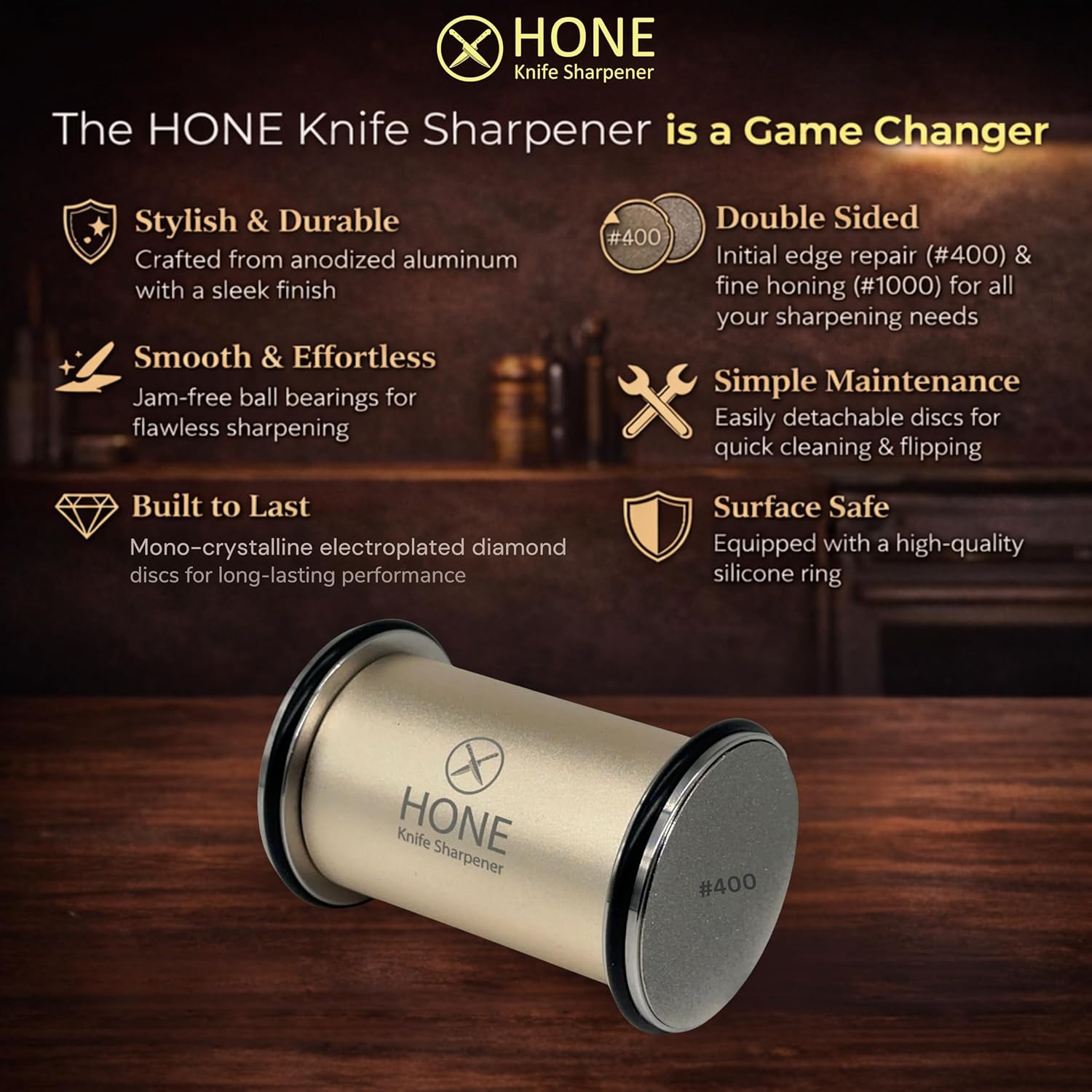 𝗛𝗢𝗡𝗘 𝗞𝗻𝗶𝗳𝗲 𝗦𝗵𝗮𝗿𝗽𝗲𝗻𝗲𝗿 Engineered in Canada, Kitchen Rolling Knife Sharpener with Ball Bearings, Detachable Dual-Sided Diamond Plates, Small Knives Slot, 20° & 15° Precision Sharpening