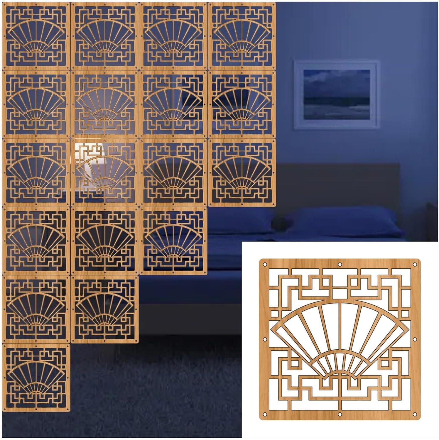 Wooden Partition Panels for Walls Hollow Design Room Divider Curtain with Fittings 13 Pcs Set for Living Room Space Separator and Privacy Screen