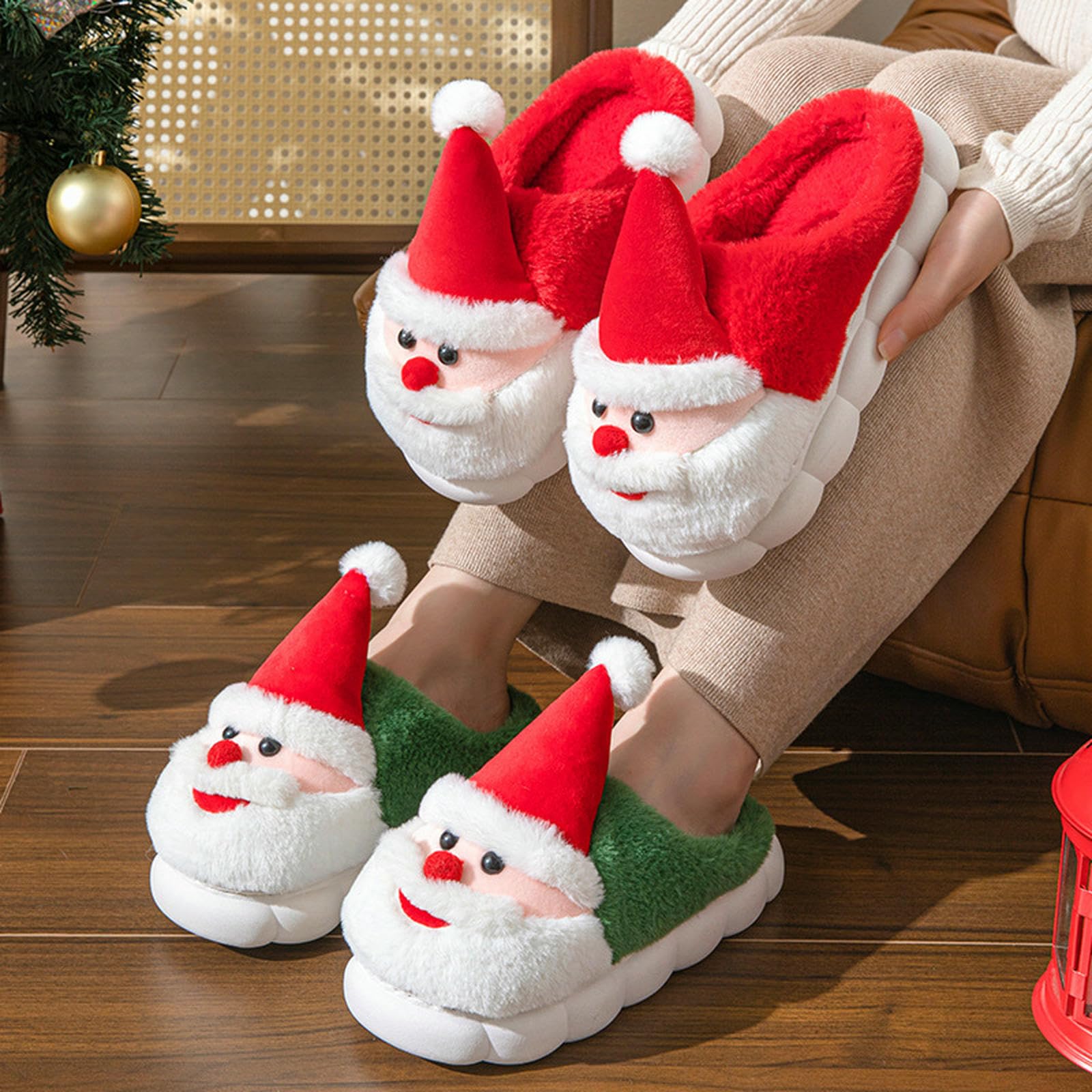 Pantofole Donna Calde di Babbo Natale da Donna, Scarpe Casa Comode E con Suola Spessa Antiscivolo-rosso-34-35