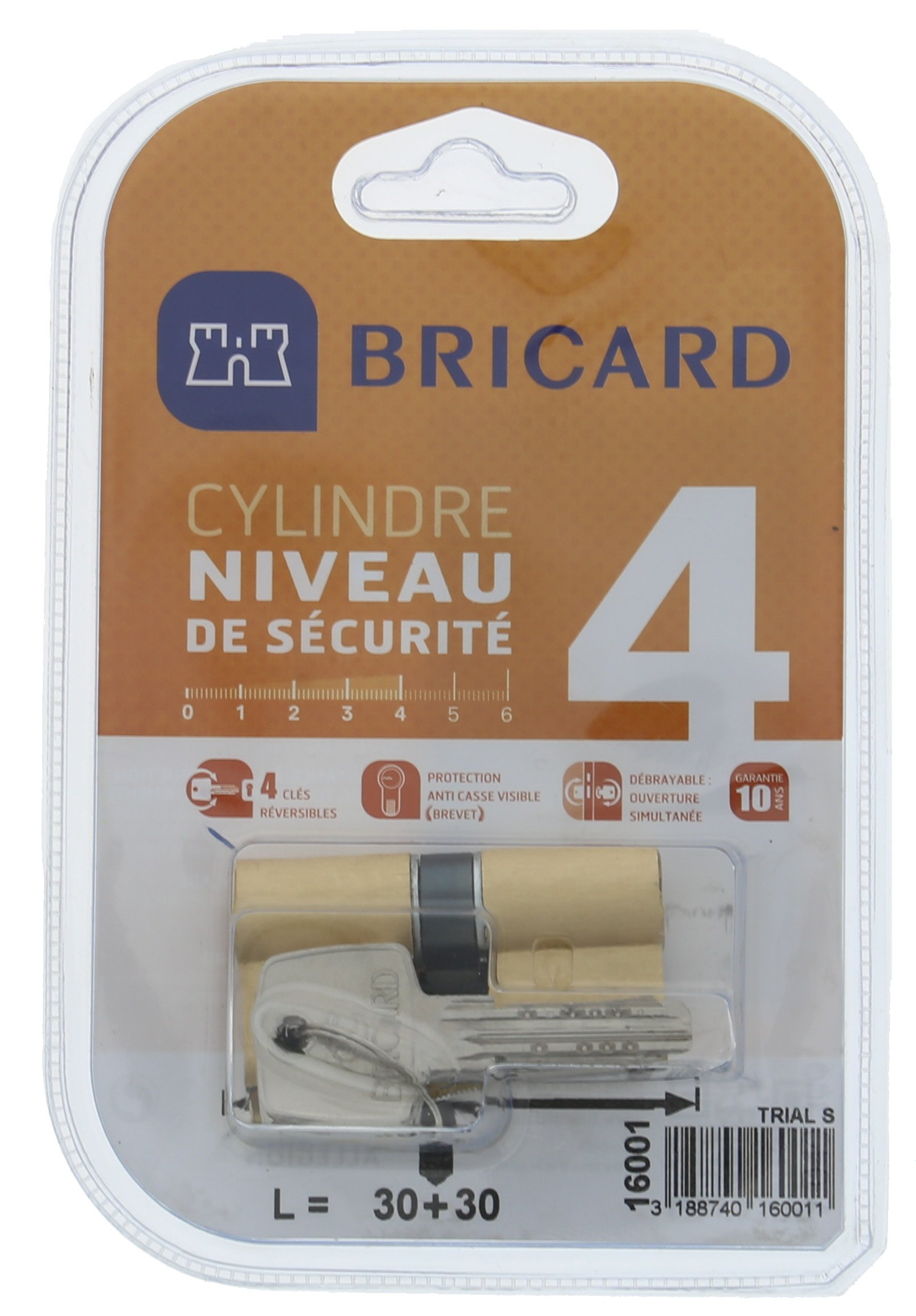 Bricard 16001 Cylindre Trial S 30 + 30 Laiton Jaune double entrée/niveau de sécurité 4