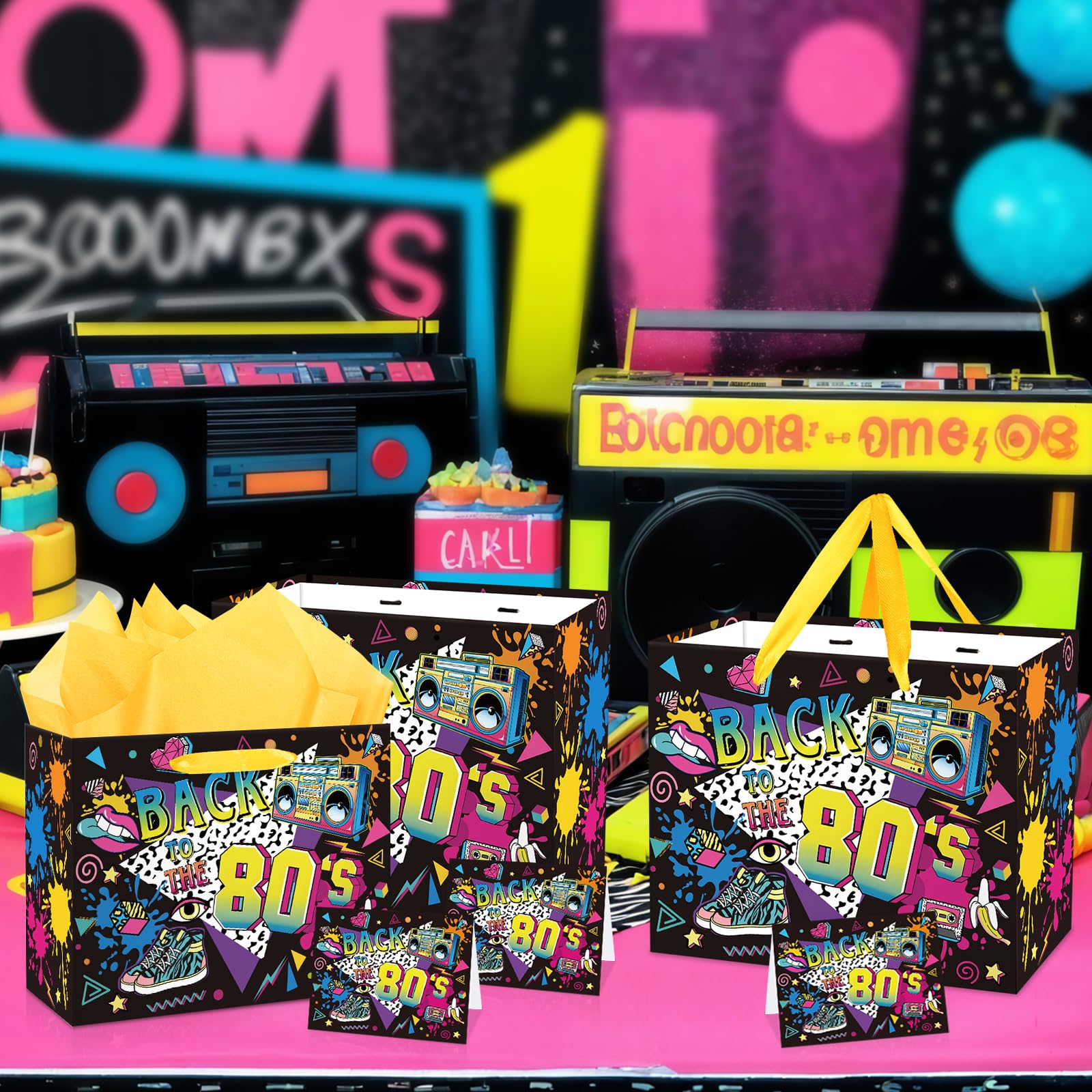 80s Birthday Gift Bag for Men Women, Retro 1980s Themed Party Favor Bags with Tissue Paper Greeting Card Back to The 80s Wrapping Paper Bag for Neon Hip Hop Rock Hippie Christmas Party Favor Supplies