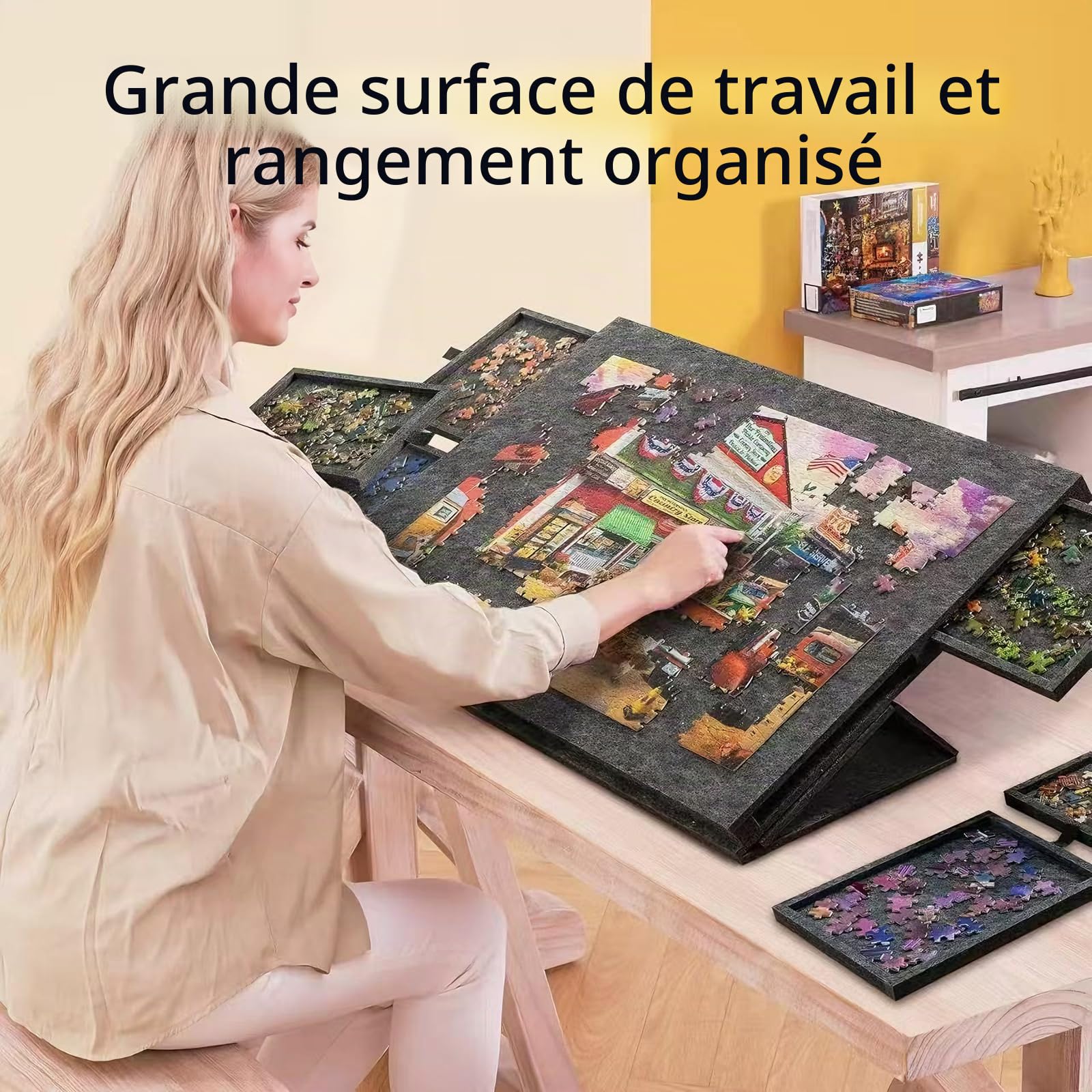 Planche de puzzle avec 6 tiroirs et couvercle, jusqu'à 1500 pièces, planche de puzzle en feutre légère et portable avec support réglable, pour adultes et enfants Dark grey 1500 pieces
