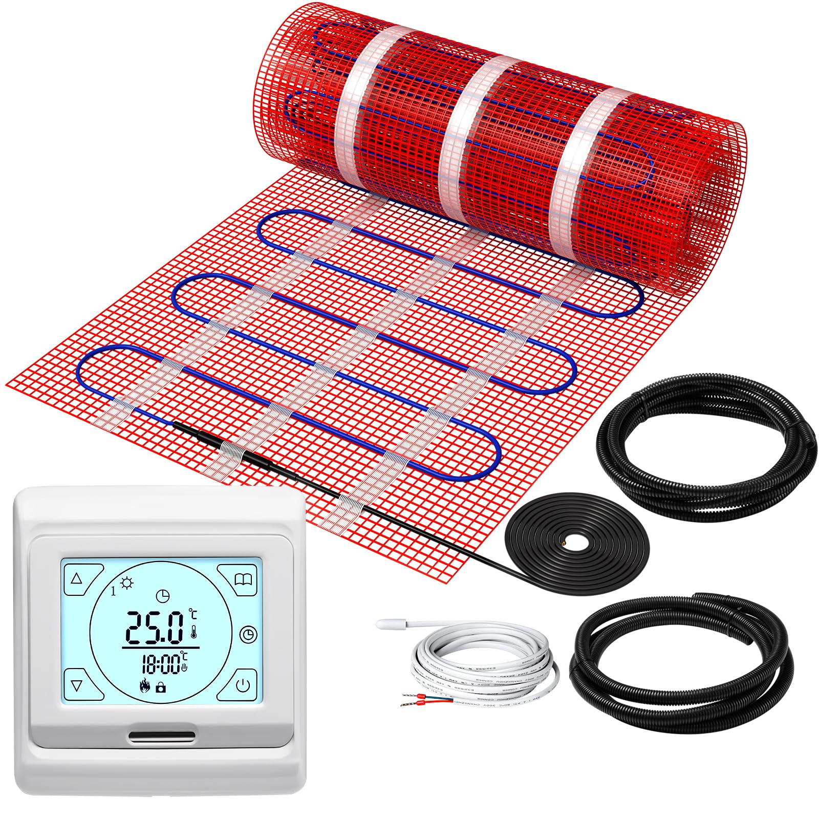 KEZERS Elektrische Fußbodenheizung 150W/m², selbstklebend für Fliesen Laminat und mehr, Touch-Digital-Thermostat mit Wochenprogramm für Badezimmer | Flur | Schlafzimmer | Wohnzimmer,6.0x0.5m - 3.0 qm
